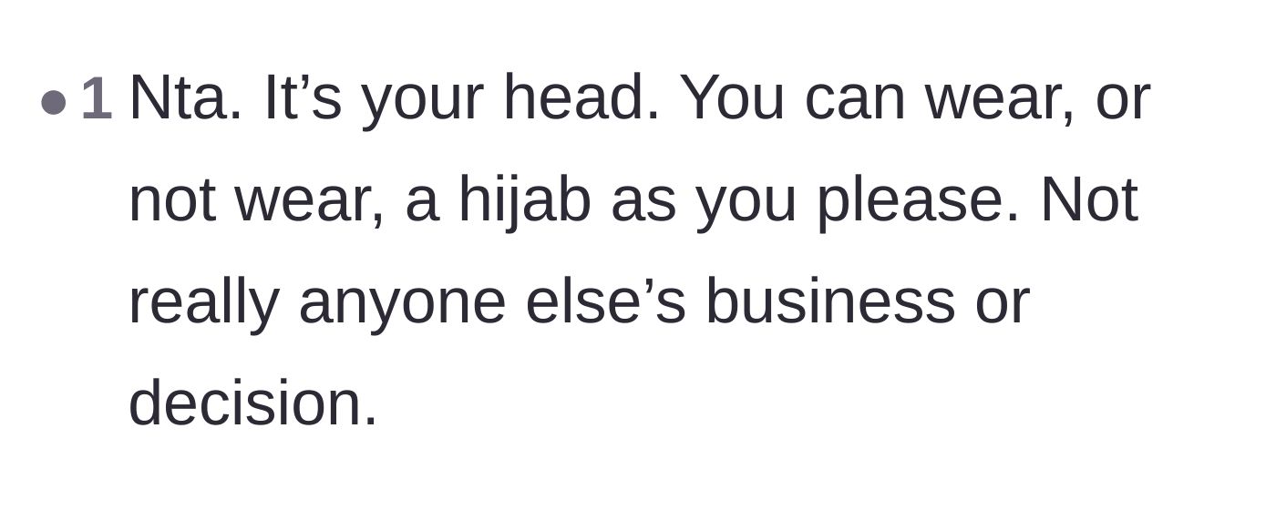 Comment thread 5 - Reassurance that the main character has complete autonomy over her own head and religious garments.