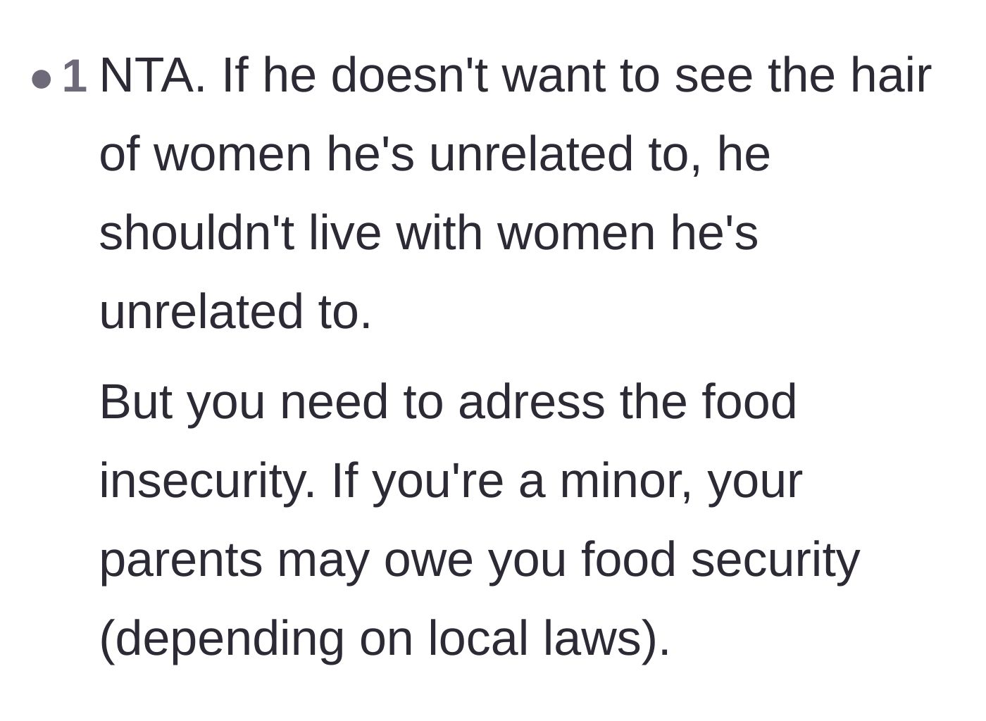 Comment thread 6 - Pointing out the hypocrisy of a man wanting traditional modesty while living with unrelated women, and addressing the food insecurity.