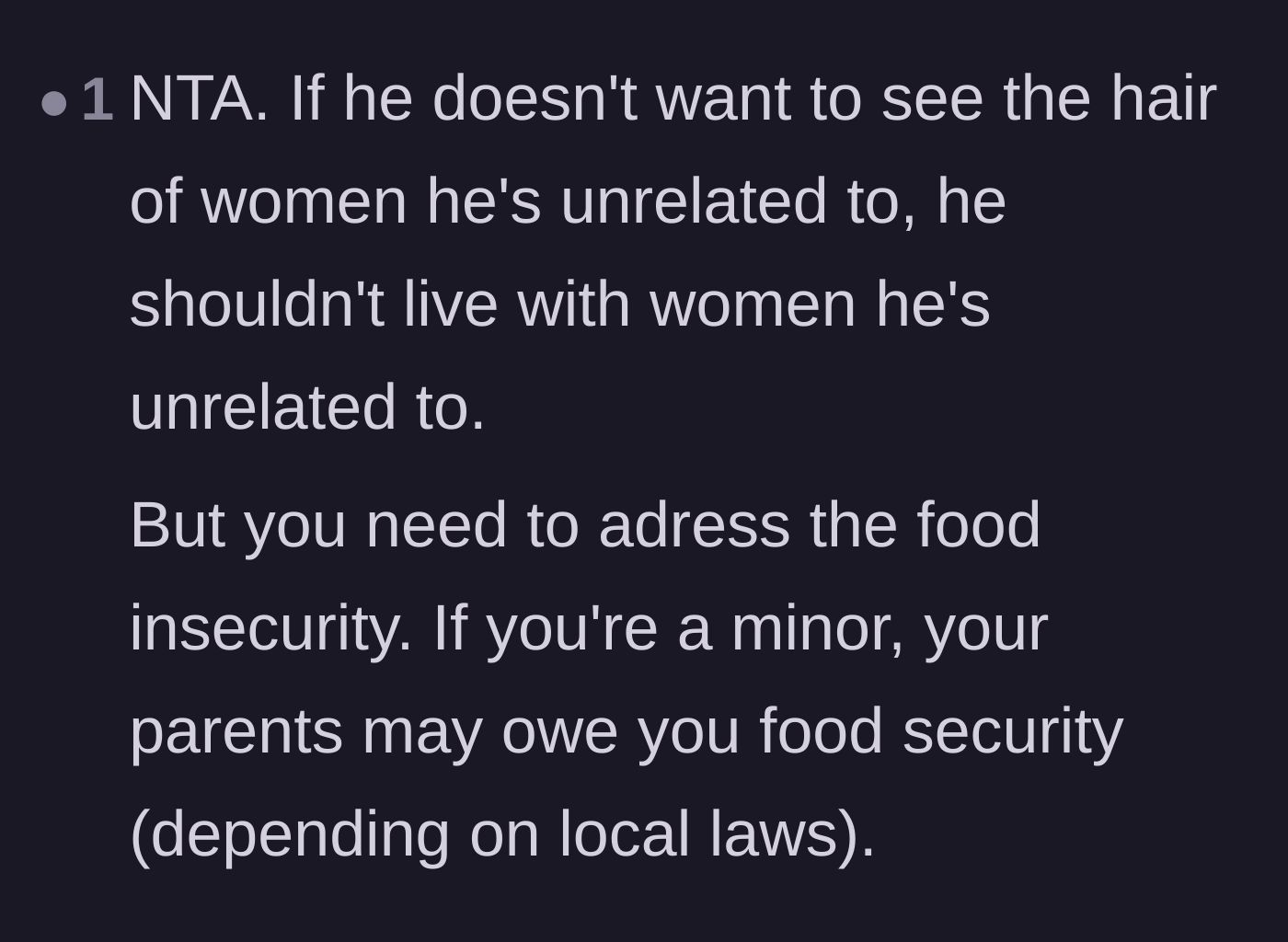 Comment thread 6 - Pointing out the hypocrisy of a man wanting traditional modesty while living with unrelated women, and addressing the food insecurity.