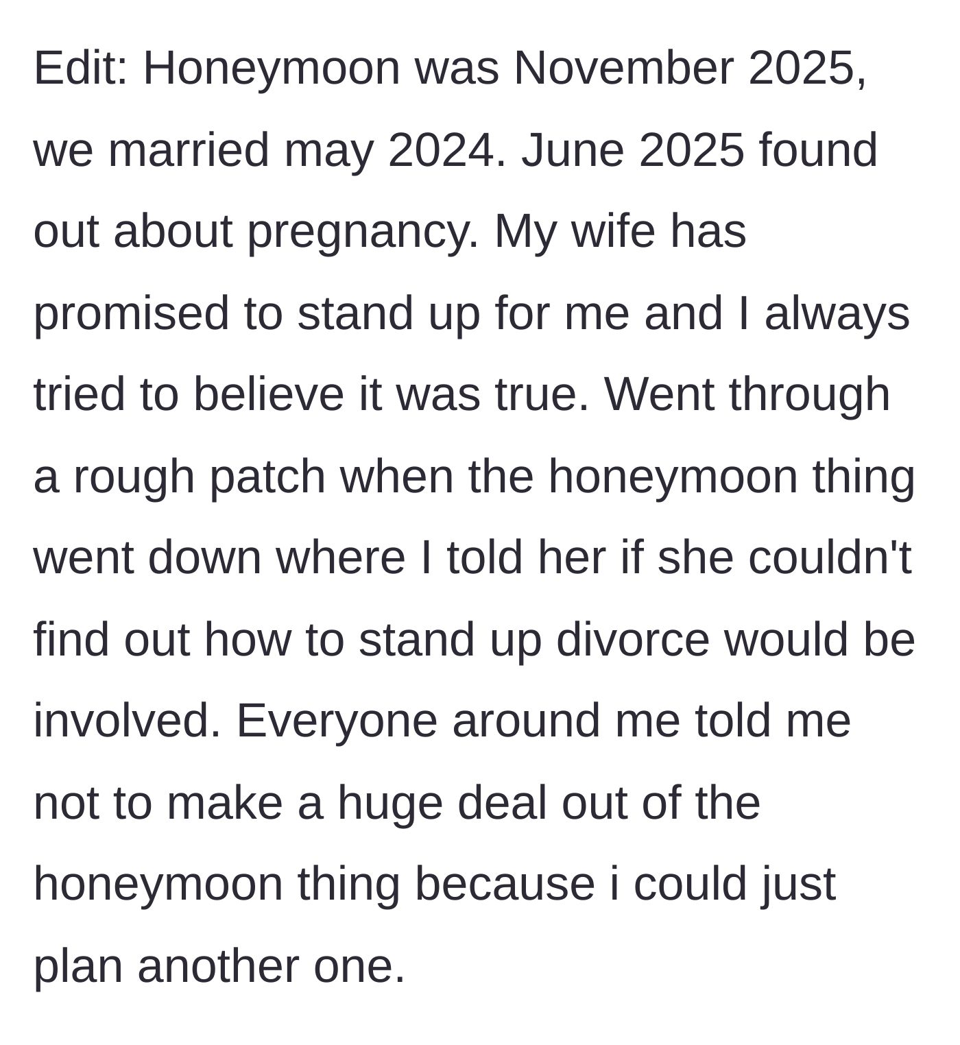Story part 10 - Context showing the couple married young, had a baby quickly, and a previous threat of divorce over the honeymoon incident.