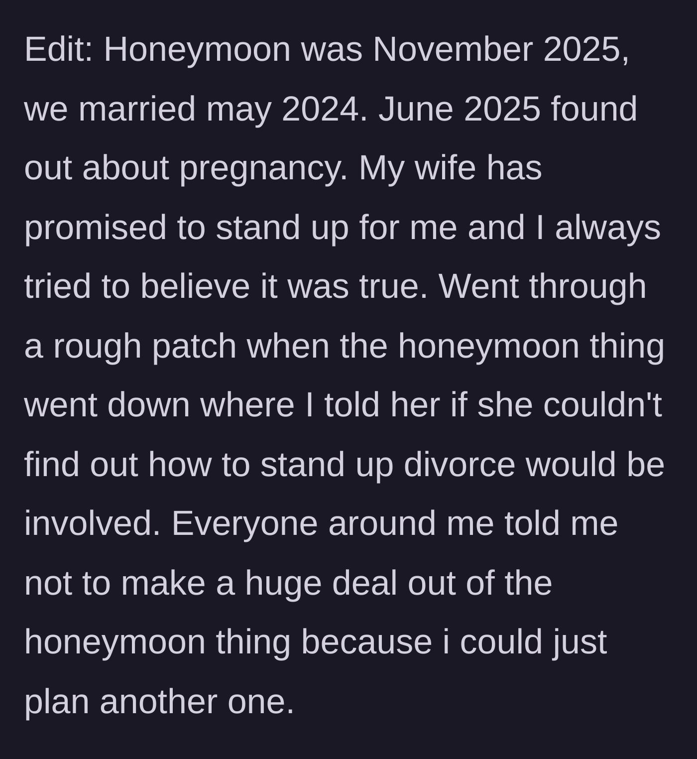 Story part 10 - Context showing the couple married young, had a baby quickly, and a previous threat of divorce over the honeymoon incident.