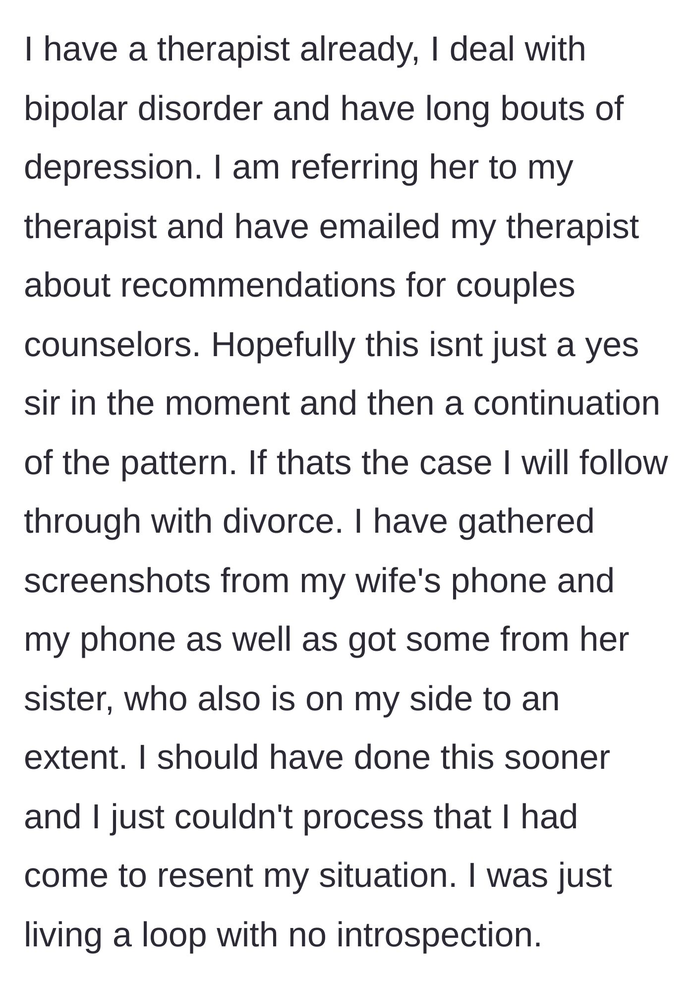 Story part 17 - The husband arranging therapy options, gathering evidence to protect himself, and resolving to leave if the cycle continues.