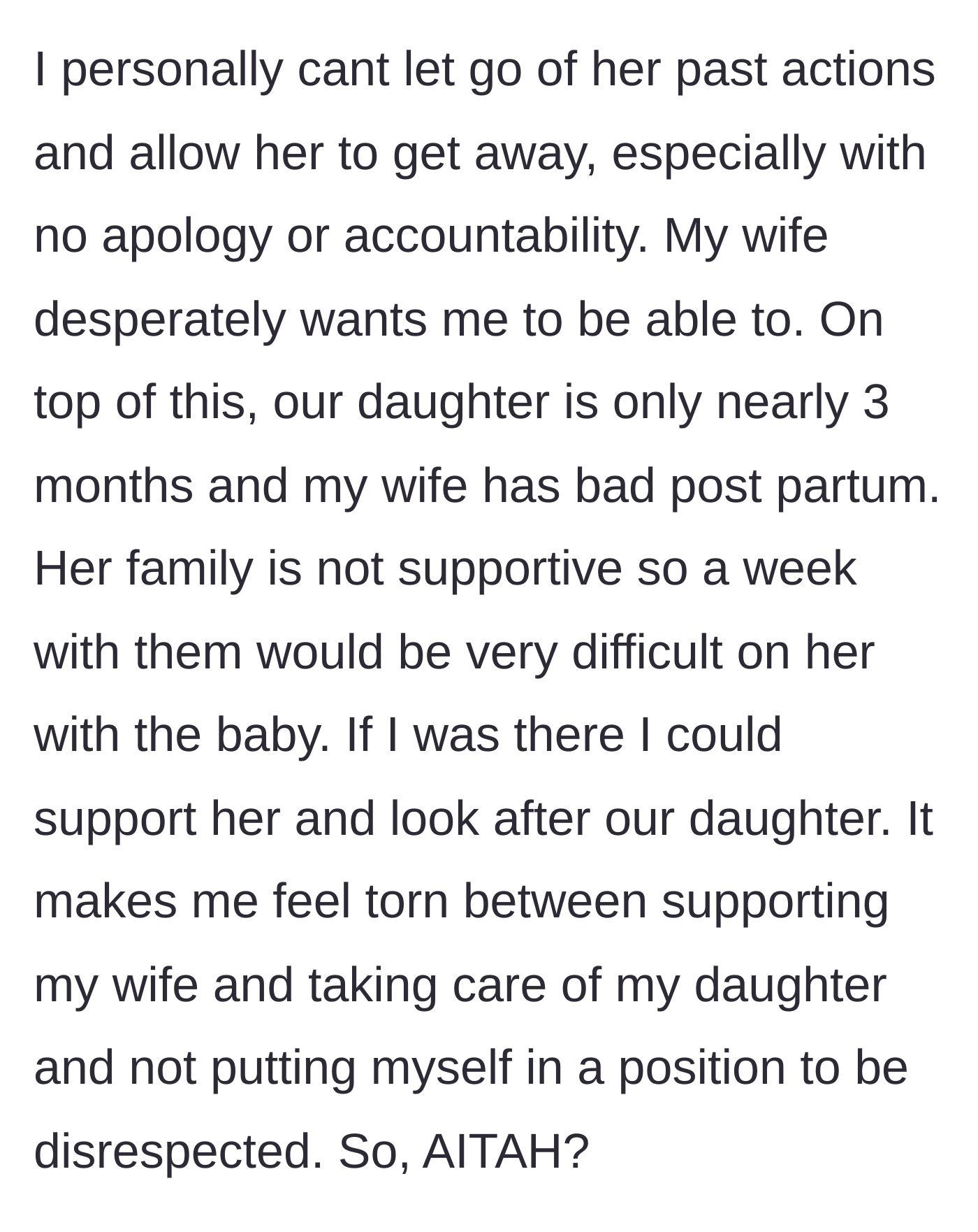 Story part 9 - The husband agonizing over his wife's postpartum struggles and his desire to support her without subjecting himself to further abuse.