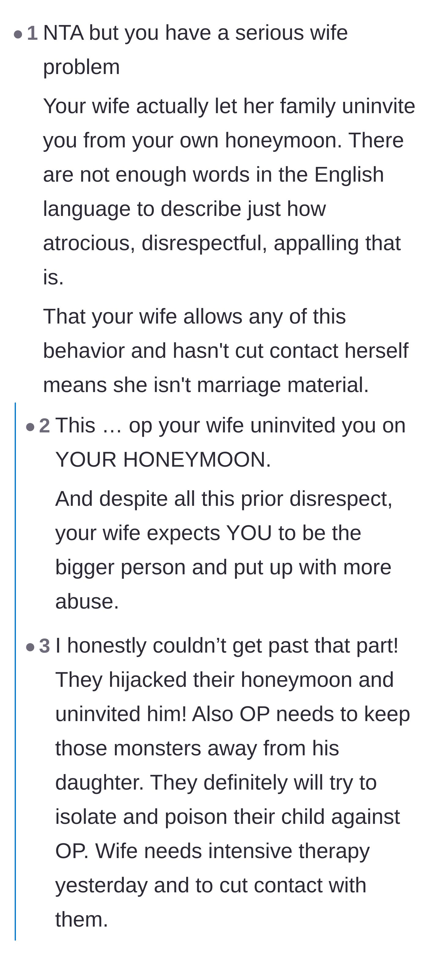 Comment thread 1 - Readers pointing out the severe betrayal of the wife going on the honeymoon alone and the danger of parental alienation.
