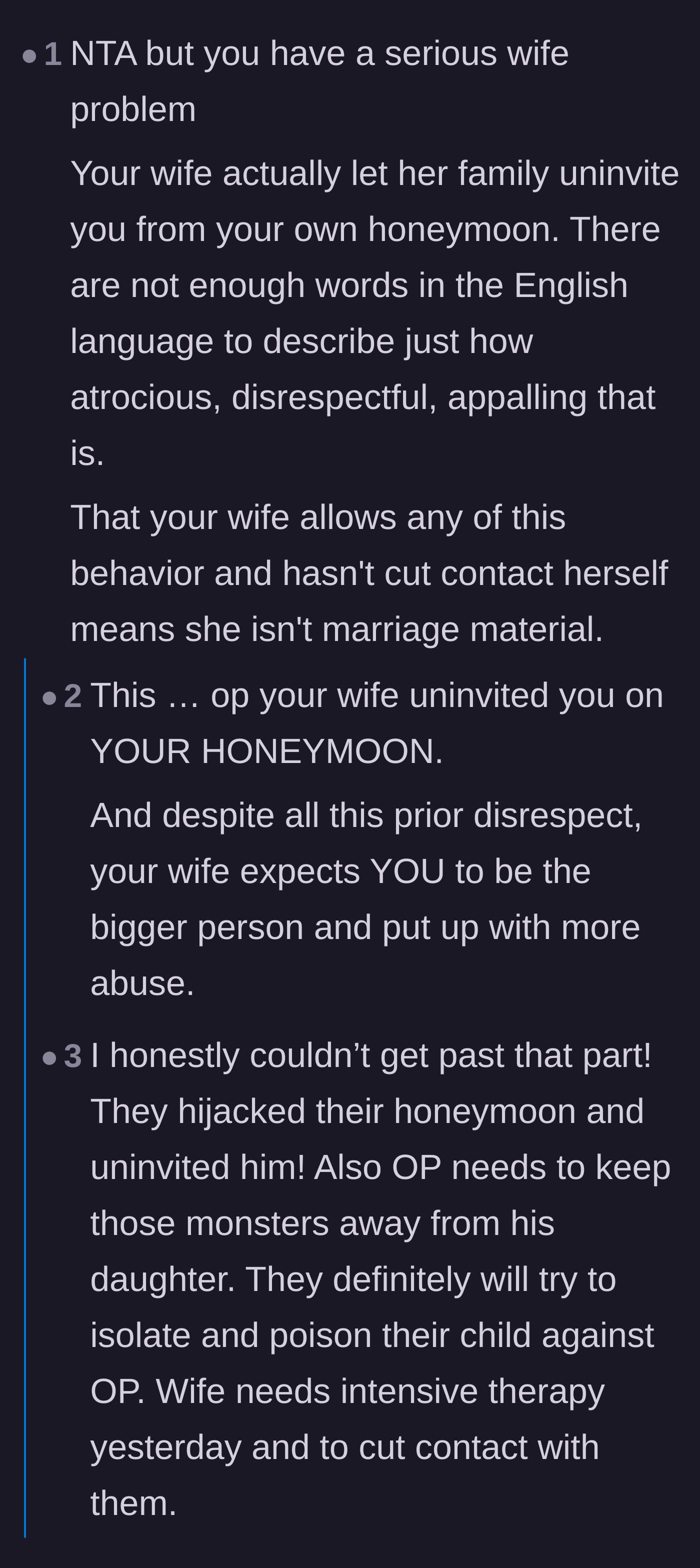 Comment thread 1 - Readers pointing out the severe betrayal of the wife going on the honeymoon alone and the danger of parental alienation.