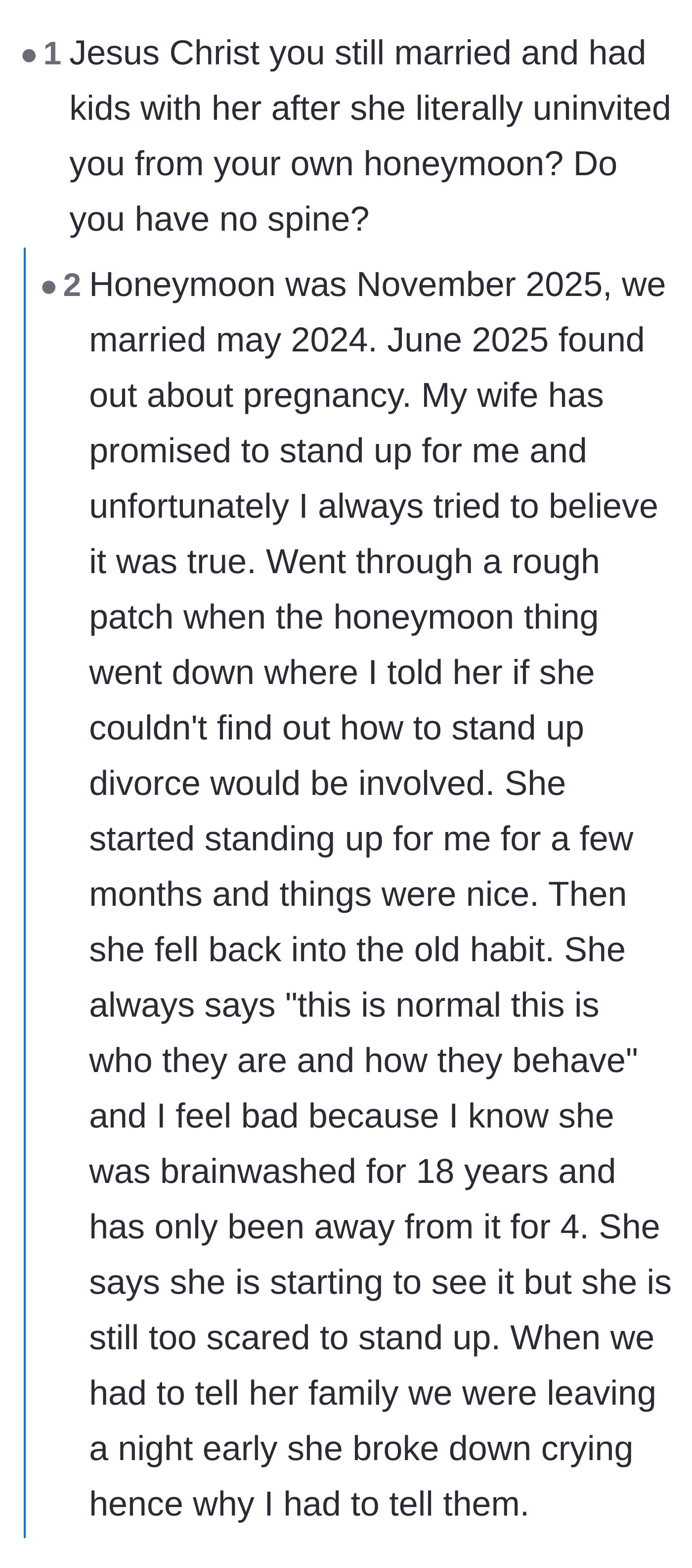 Comment thread 2 - A tough-love discussion about the honeymoon incident that actually led the husband to show his wife the post.