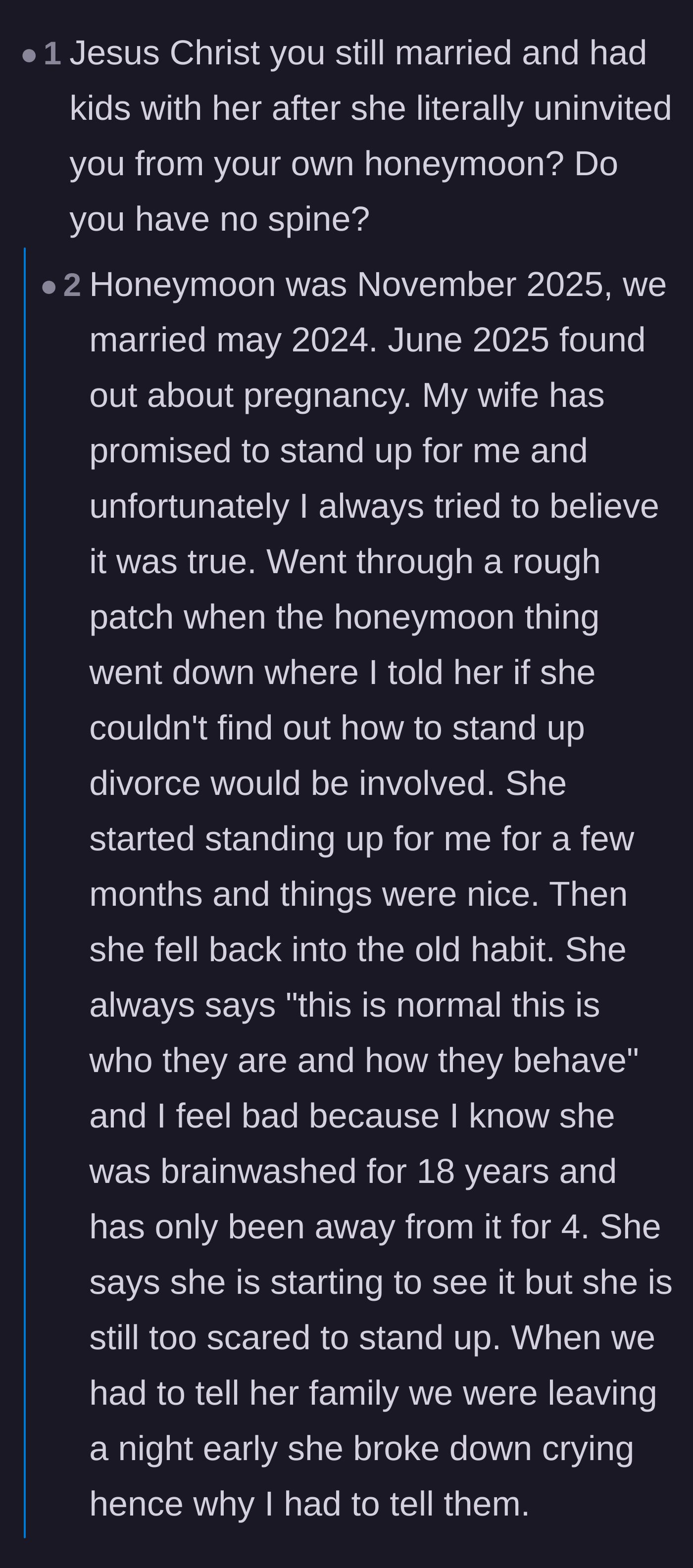 Comment thread 2 - A tough-love discussion about the honeymoon incident that actually led the husband to show his wife the post.
