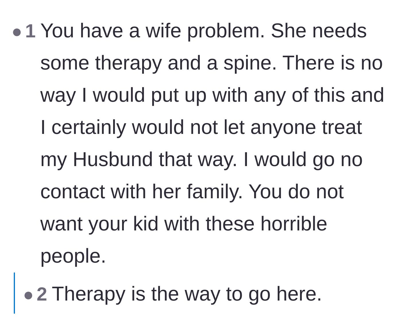 Comment thread 3 - Readers insisting that the wife desperately needs therapy to learn how to stand up for her husband.