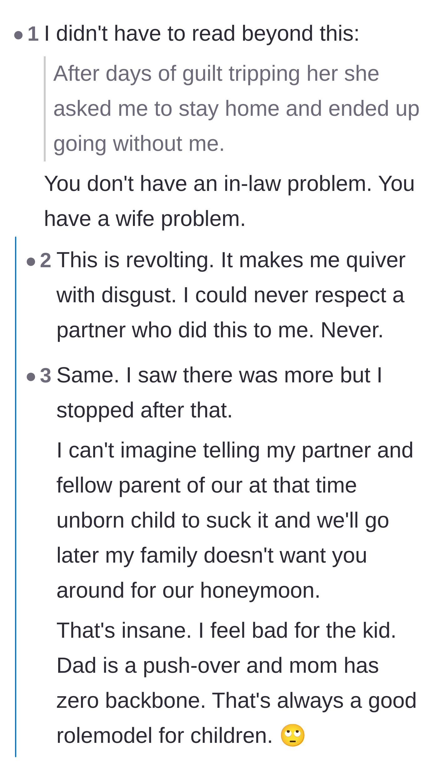 Comment thread 4 - Commenters expressing sheer disgust that the pregnant bride actually went on the honeymoon without her husband.
