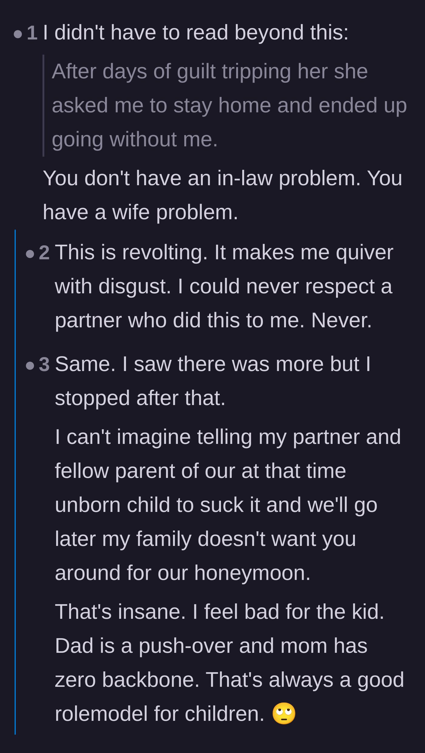 Comment thread 4 - Commenters expressing sheer disgust that the pregnant bride actually went on the honeymoon without her husband.
