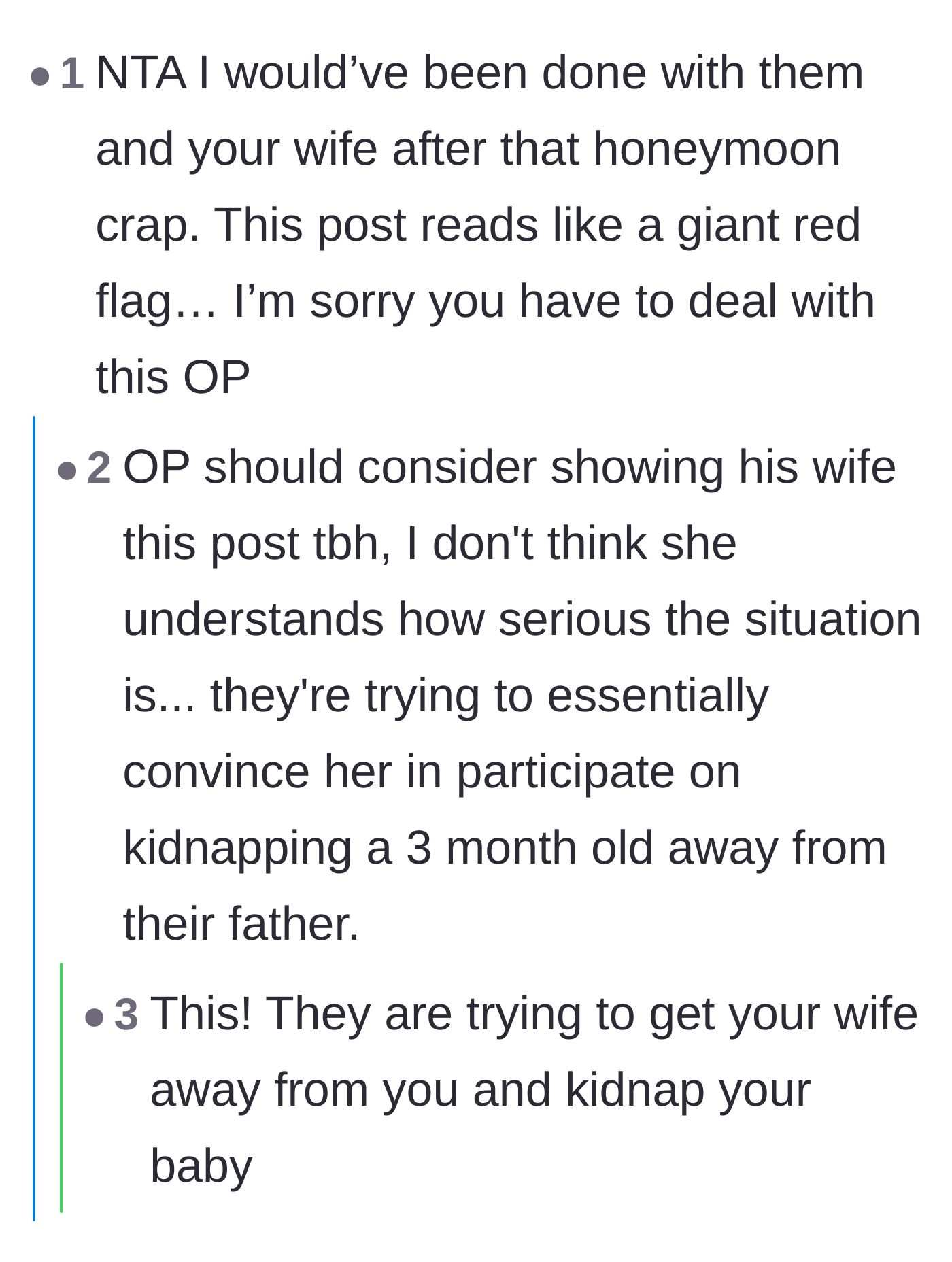 Comment thread 5 - Warnings that the family's demand for the wife to visit alone is a thinly veiled attempt to isolate the baby.
