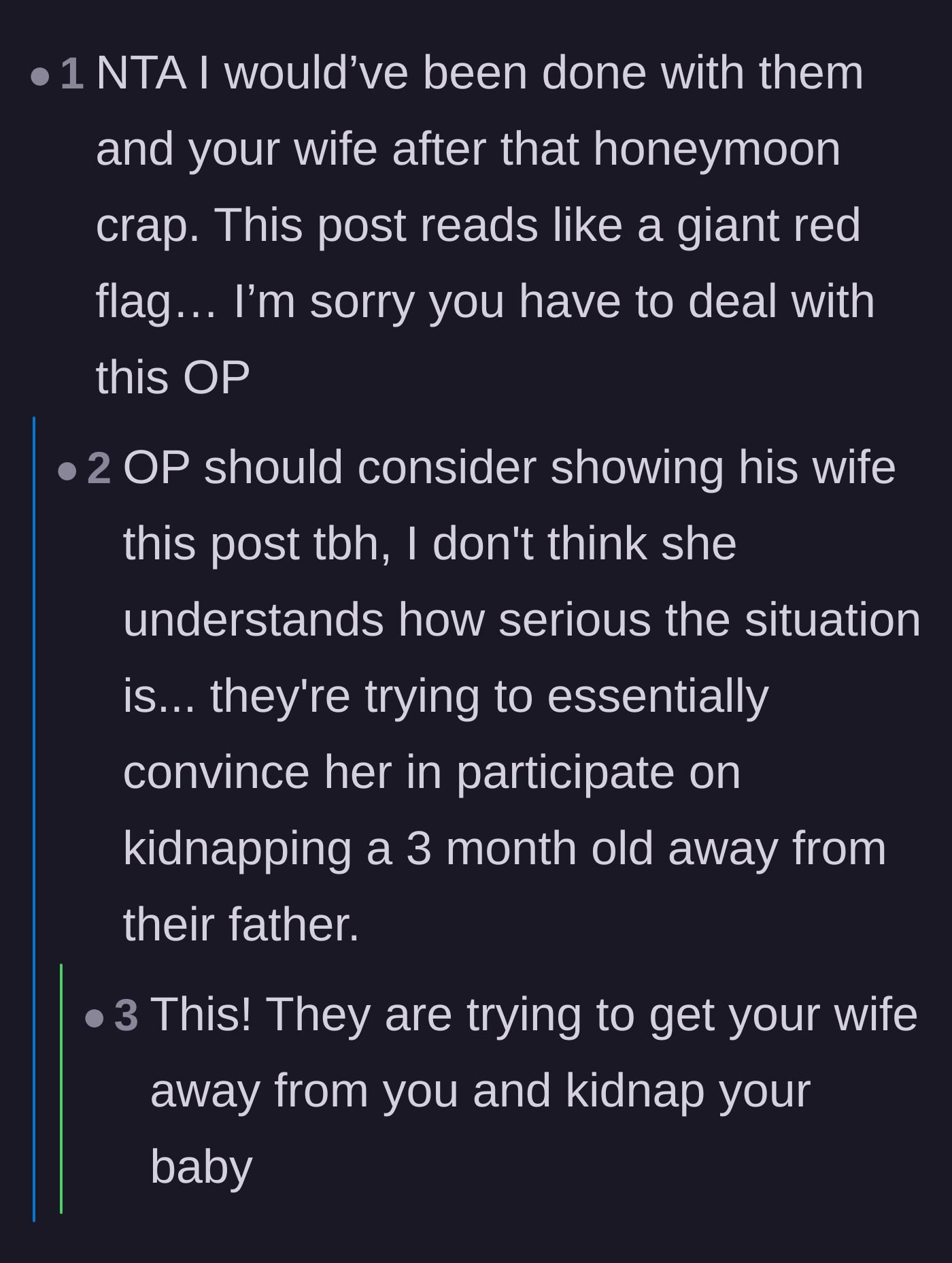 Comment thread 5 - Warnings that the family's demand for the wife to visit alone is a thinly veiled attempt to isolate the baby.