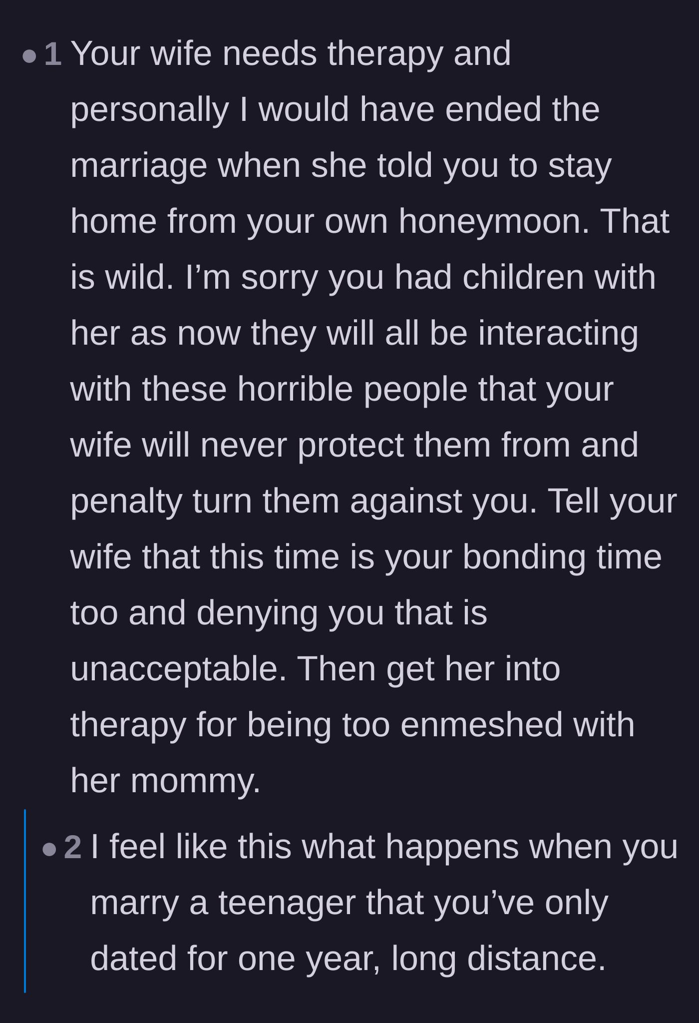Comment thread 6 - Observations about the couple's young age and the wife's severe emotional enmeshment with her mother.