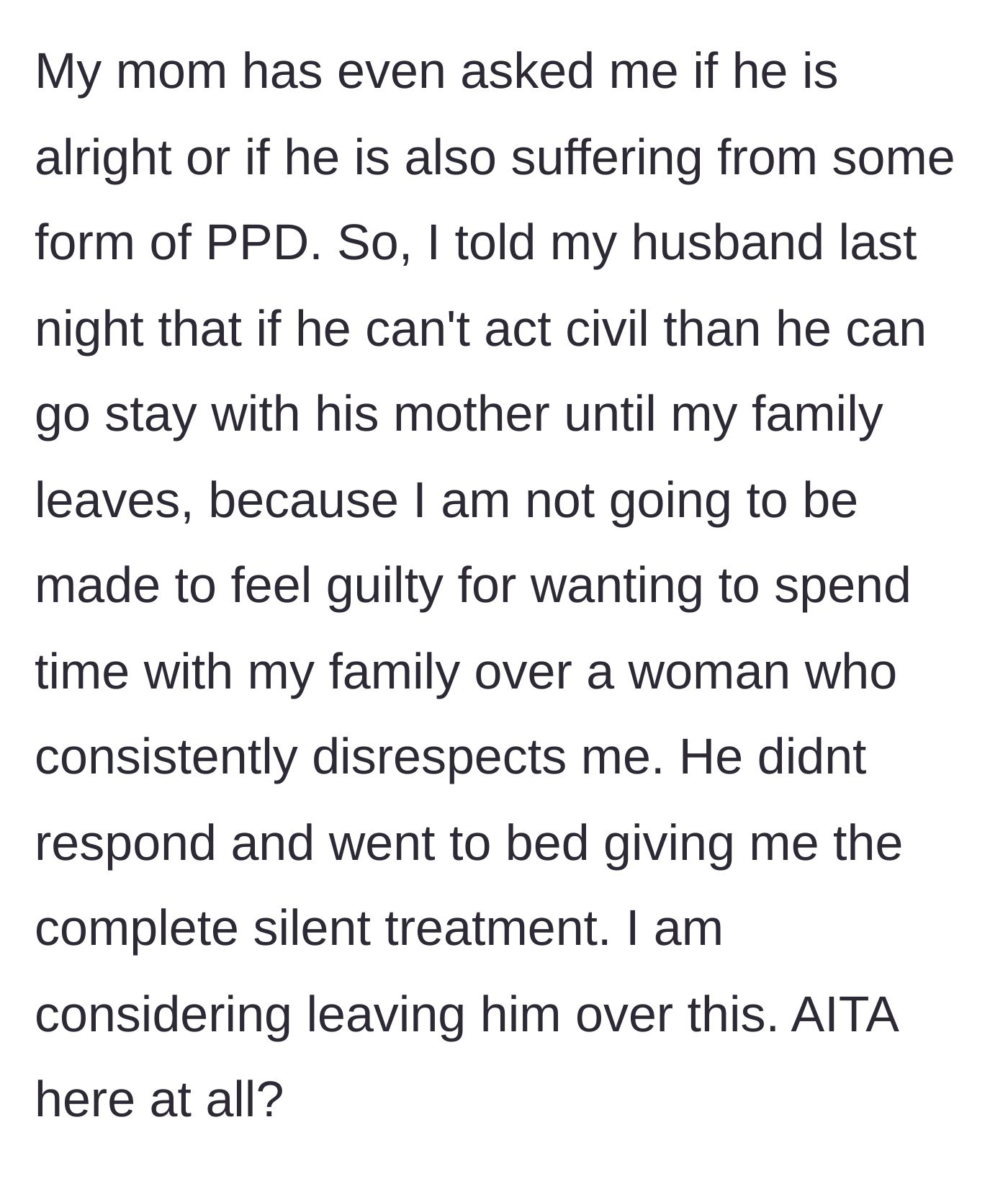 Story part 12 - The wife tells her husband to go stay with his mother and contemplates leaving the marriage entirely.