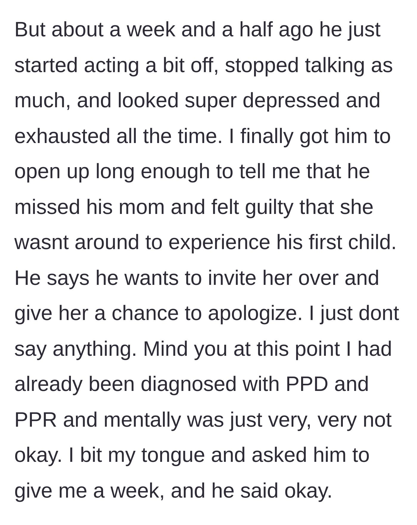 Story part 5 - The husband admits he misses his mother and wants her to visit, while the struggling wife asks for a week's delay.