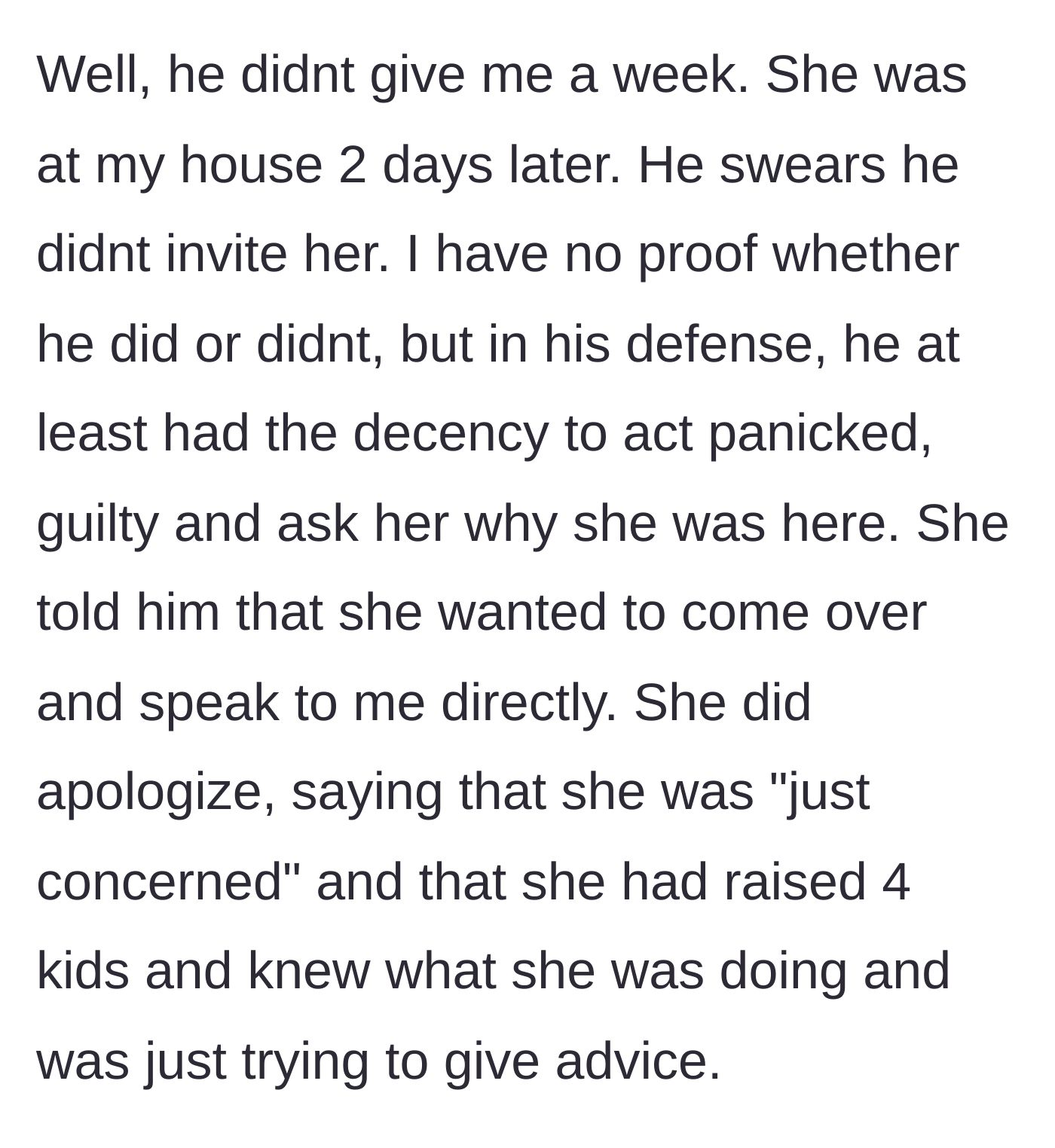 Story part 6 - The mother-in-law arrives just two days later, offering a highly dismissive non-apology about her past behavior.