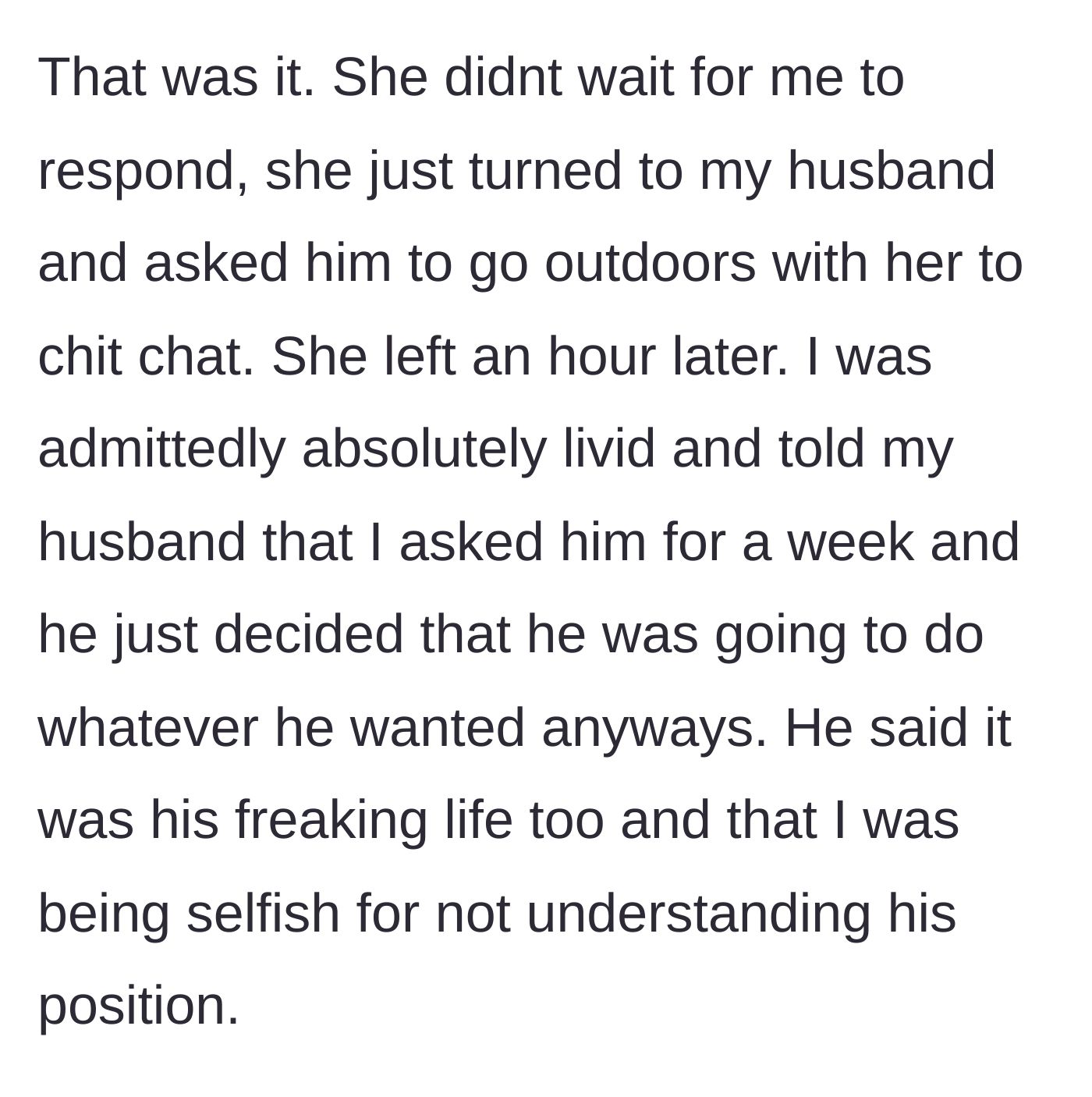 Story part 7 - The mother-in-law whisks the husband outside for a private chat, and the husband later accuses his wife of being selfish.