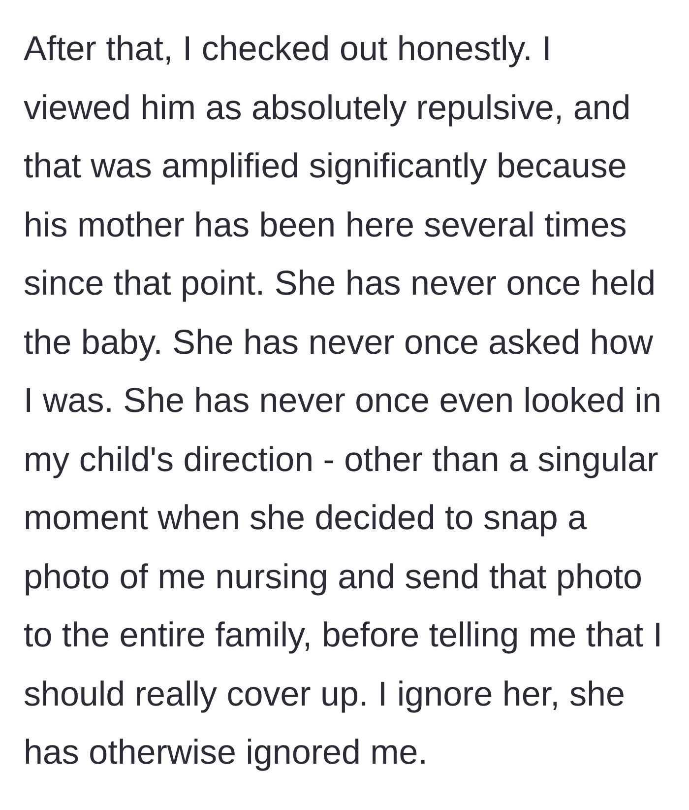 Story part 8 - The mother-in-law makes repeated visits, ignores the baby, and takes a non-consensual photo of the mother nursing.