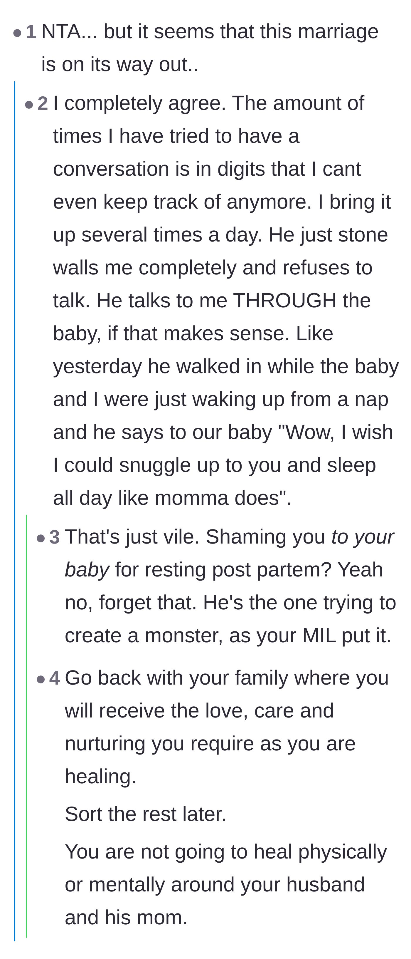 Comment thread 1 - Readers condemning the husband for passive-aggressively shaming his postpartum wife for napping.