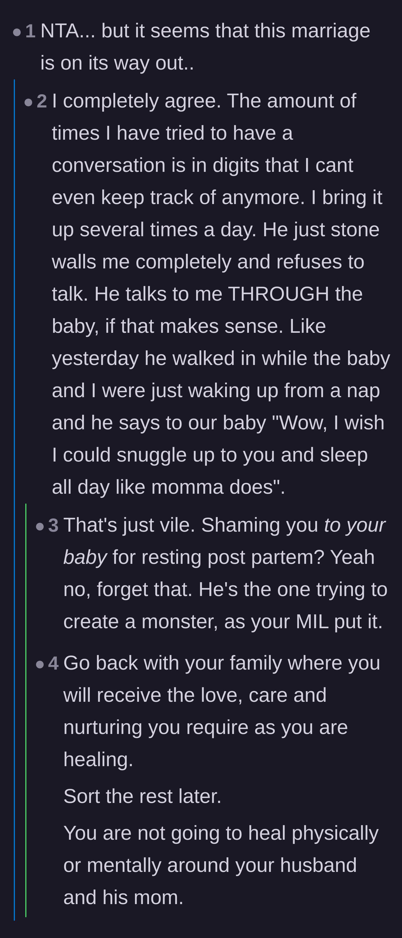 Comment thread 1 - Readers condemning the husband for passive-aggressively shaming his postpartum wife for napping.