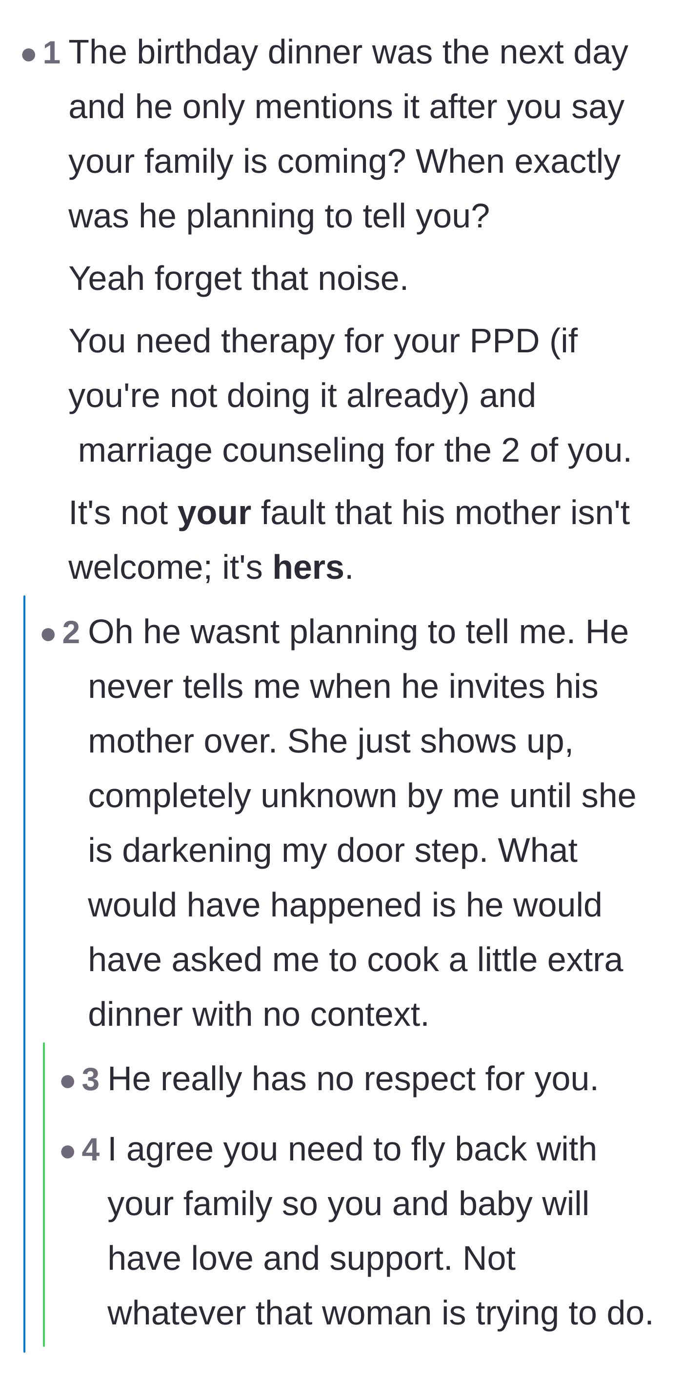 Comment thread 3 - Outrage over the husband keeping the dinner a secret and expecting his recovering wife to cook for his mother.