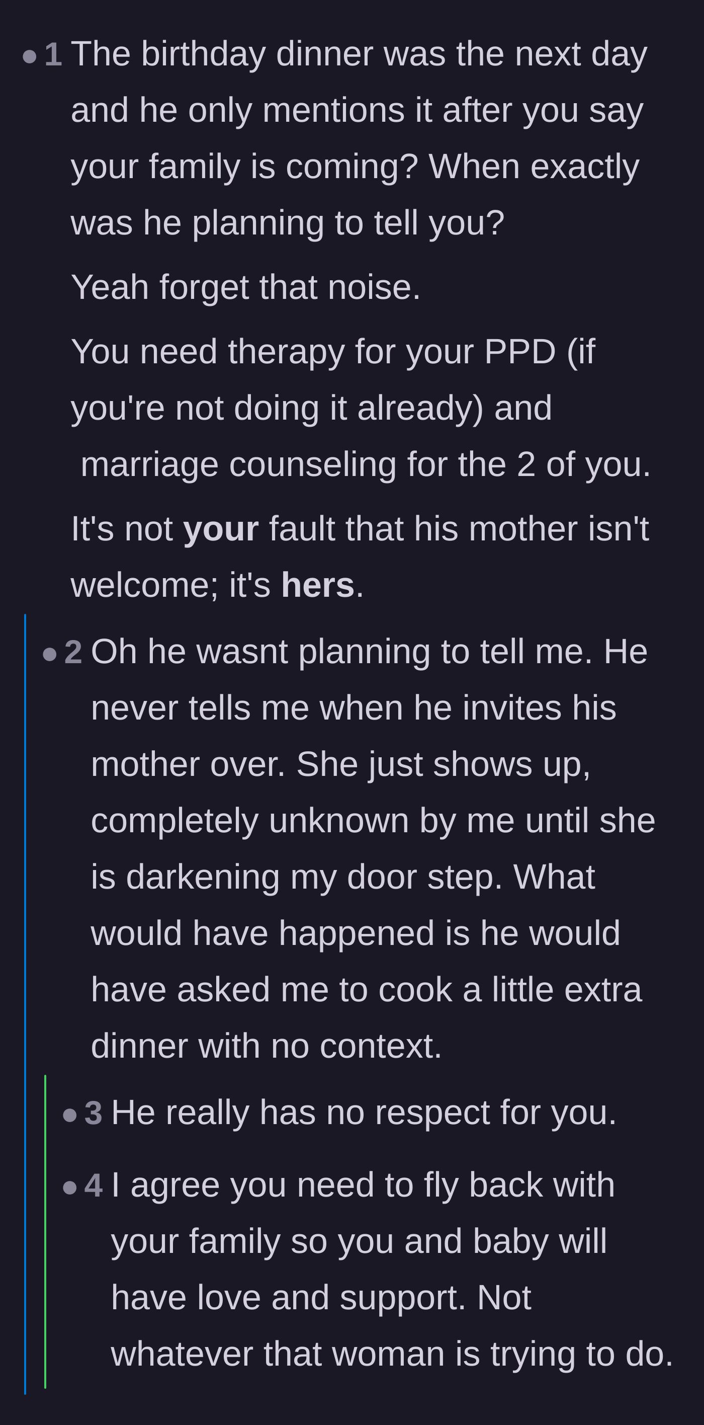 Comment thread 3 - Outrage over the husband keeping the dinner a secret and expecting his recovering wife to cook for his mother.