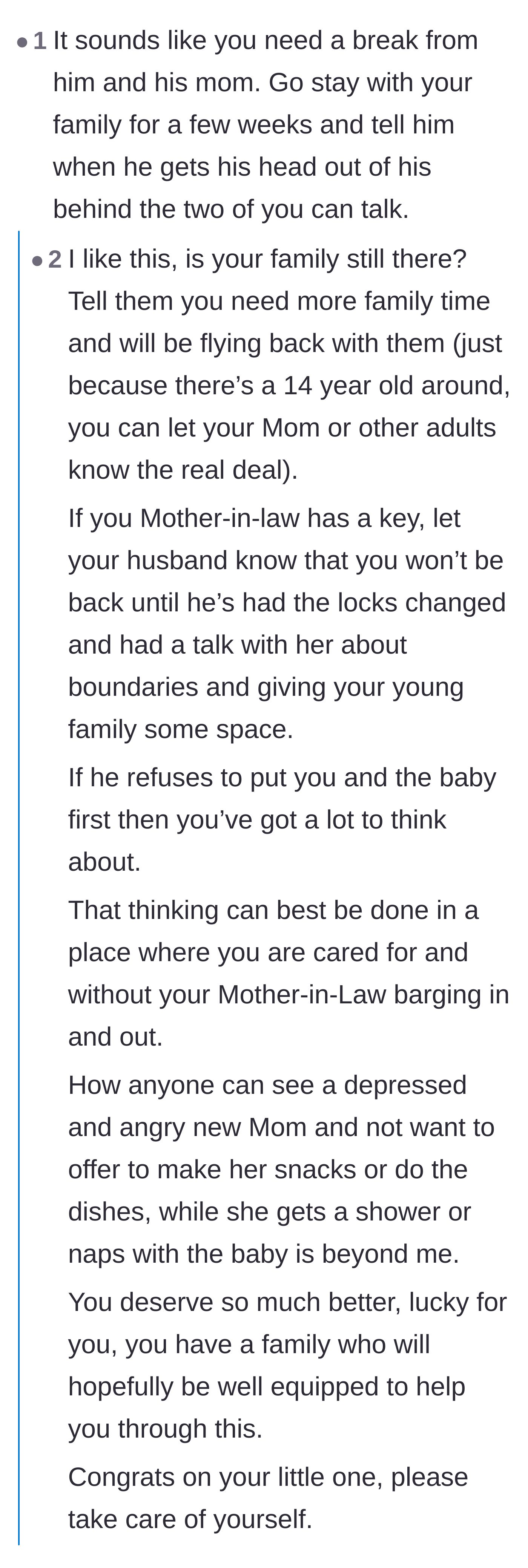 Comment thread 4 - A detailed plan suggesting the wife stay with her family until the husband changes the locks and sets boundaries.