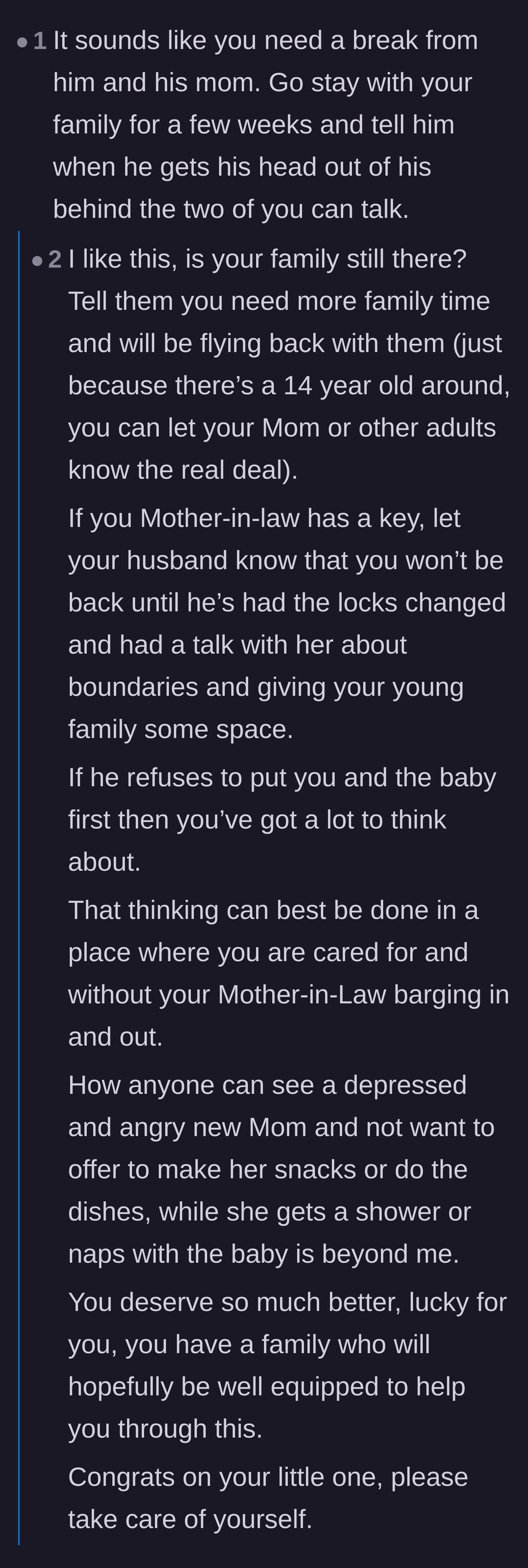 Comment thread 4 - A detailed plan suggesting the wife stay with her family until the husband changes the locks and sets boundaries.