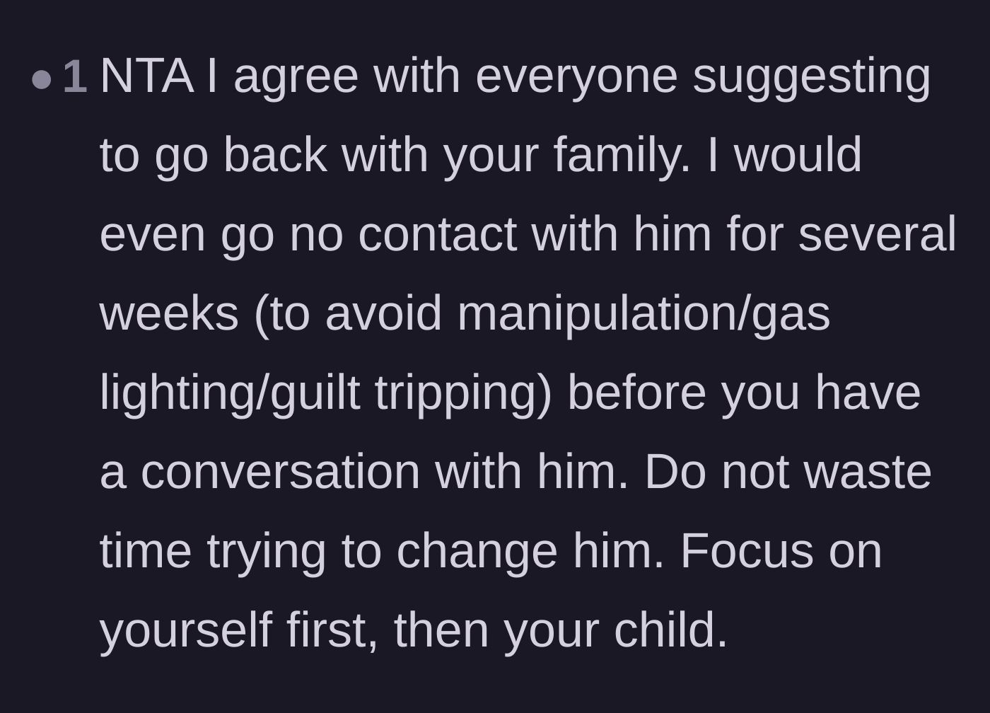 Comment thread 5 - Strong recommendations to go entirely no-contact with the husband to prevent further guilt-tripping and manipulation.