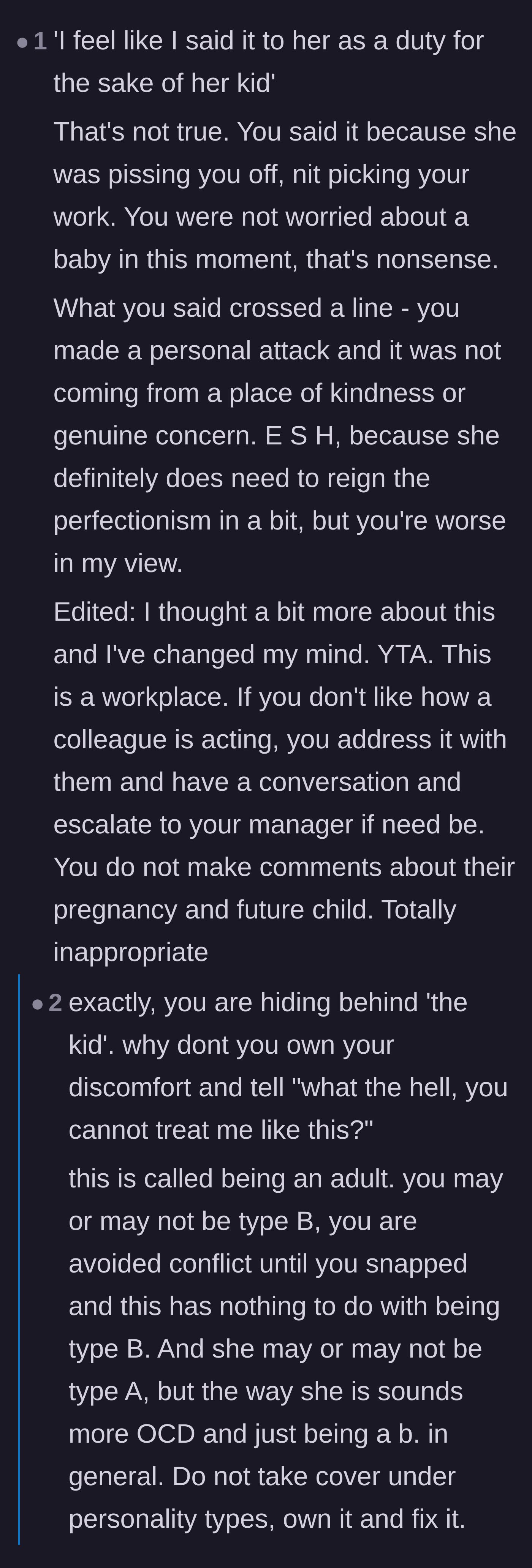 Comment thread 1 - Calling out the author's false claim that he insulted his sister-in-law for the sake of her unborn child.