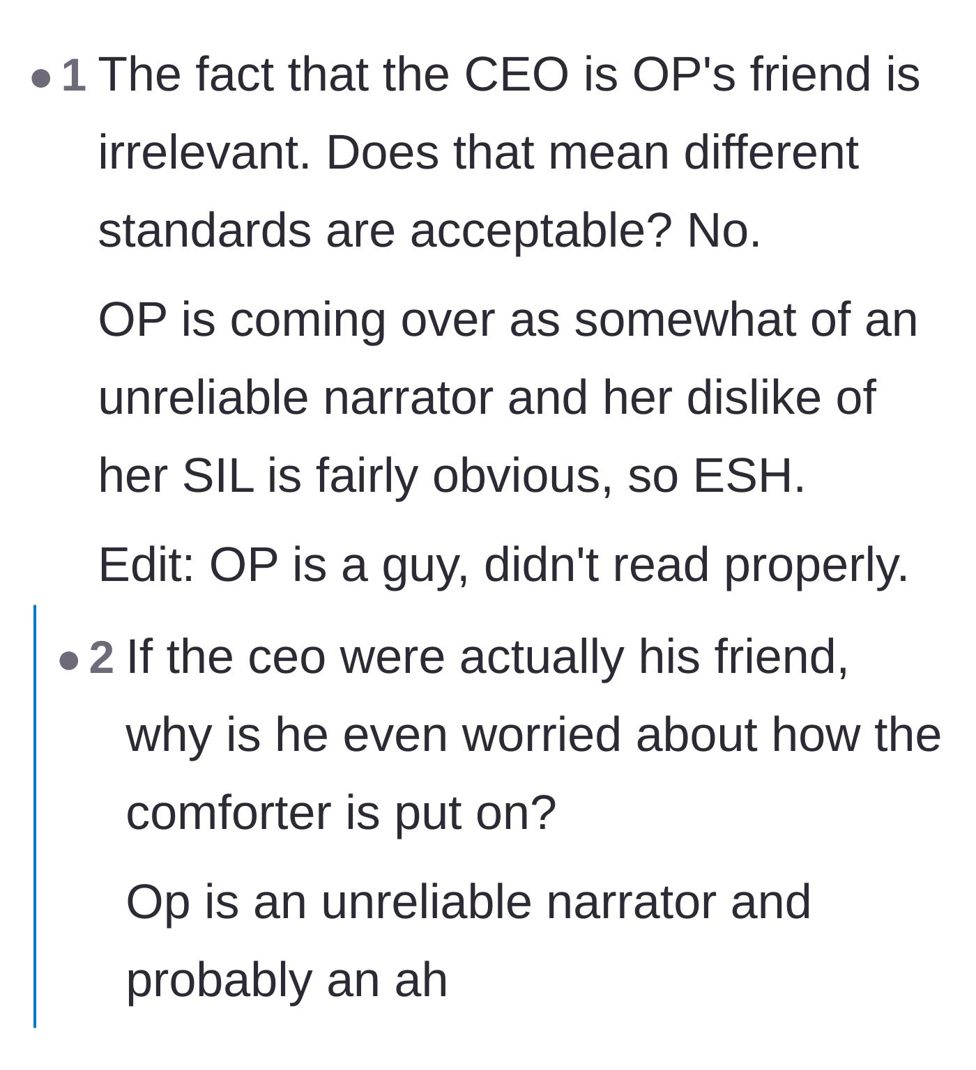 Comment thread 6 - Questioning the author's reliability and pointing out that being friends with the CEO doesn't excuse poor work.