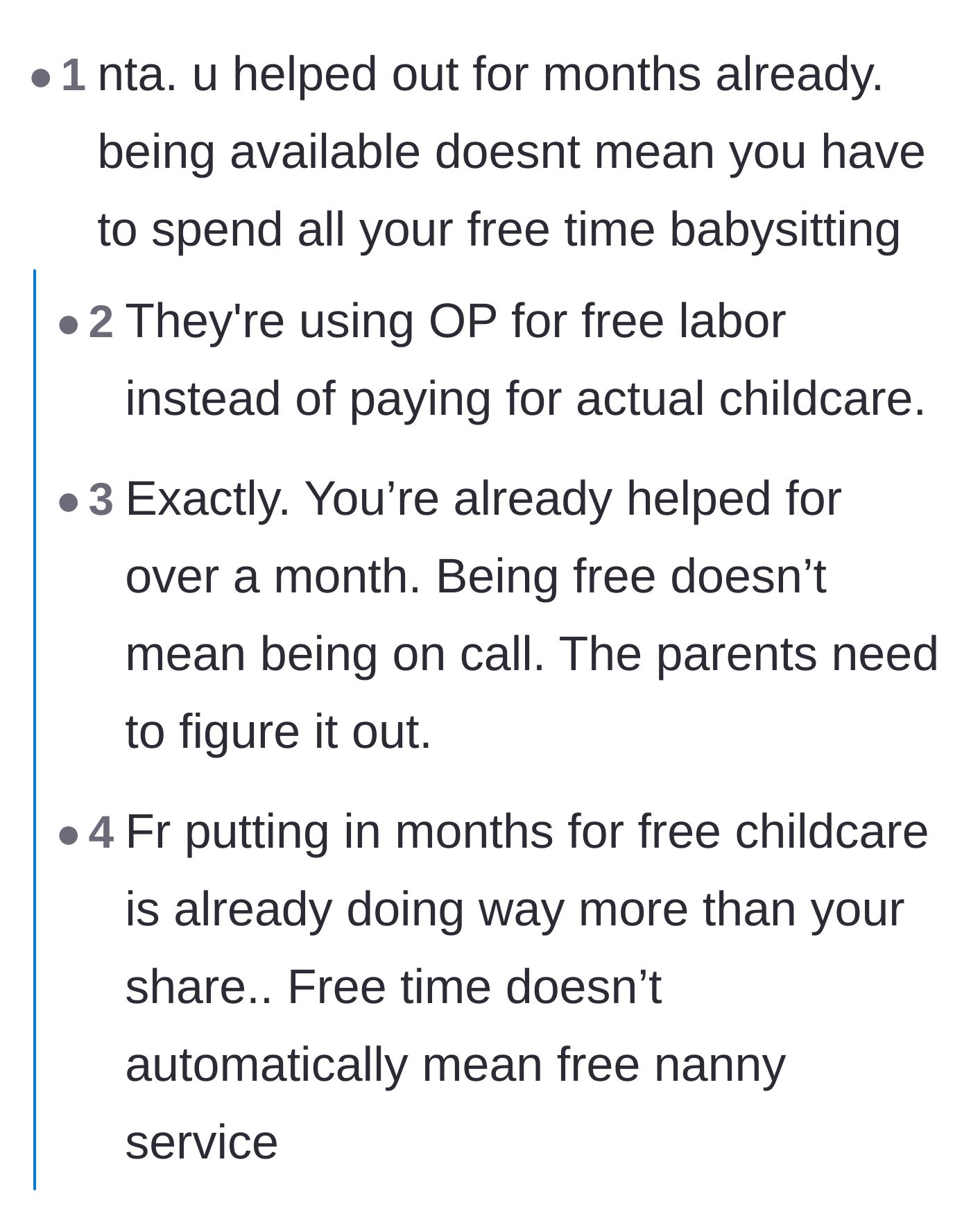 Comment thread 1 - Distinguishing between having free time and being a free nanny