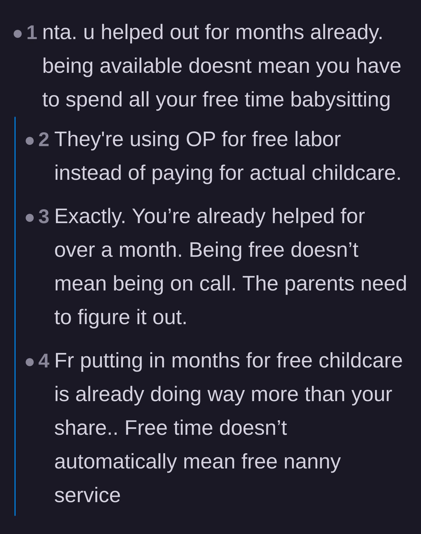 Comment thread 1 - Distinguishing between having free time and being a free nanny