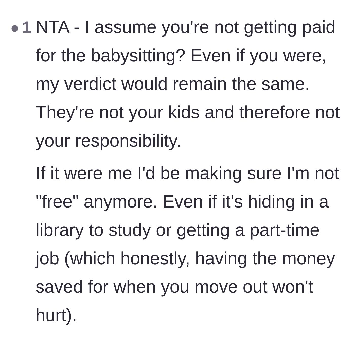 Comment thread 4 - Suggesting getting a part-time job to save money and avoid babysitting