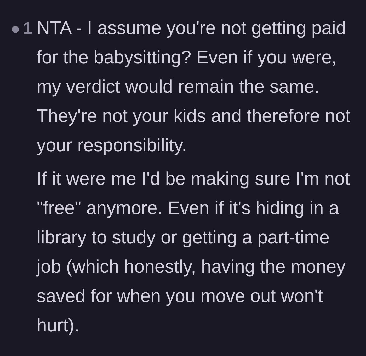Comment thread 4 - Suggesting getting a part-time job to save money and avoid babysitting