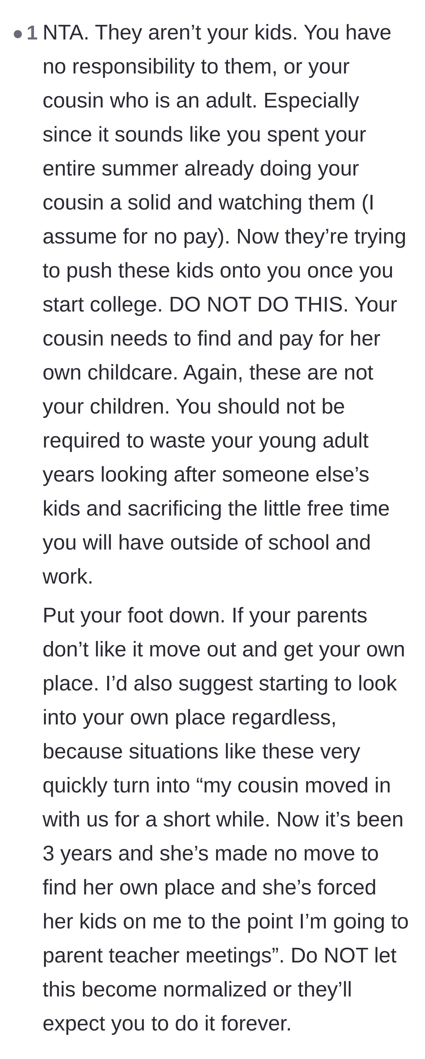 Comment thread 6 - Warning about how temporary family favors can become permanent traps