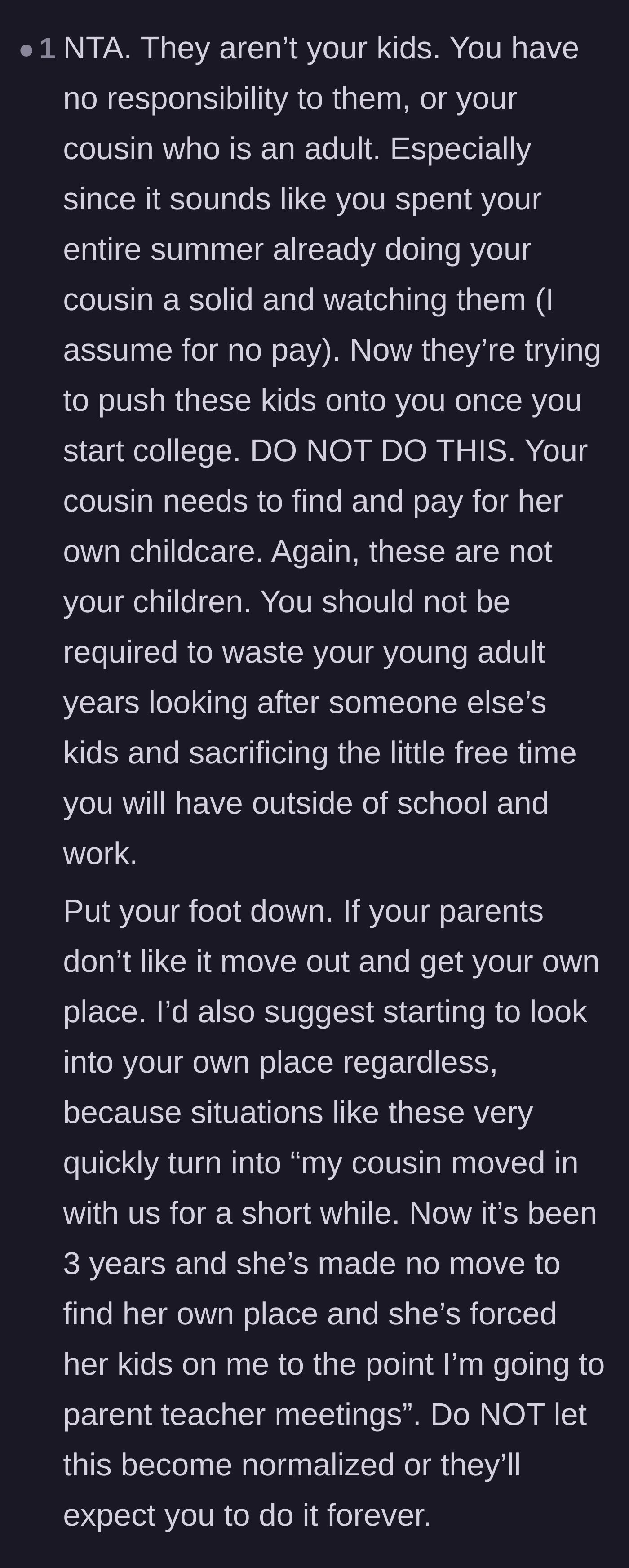 Comment thread 6 - Warning about how temporary family favors can become permanent traps