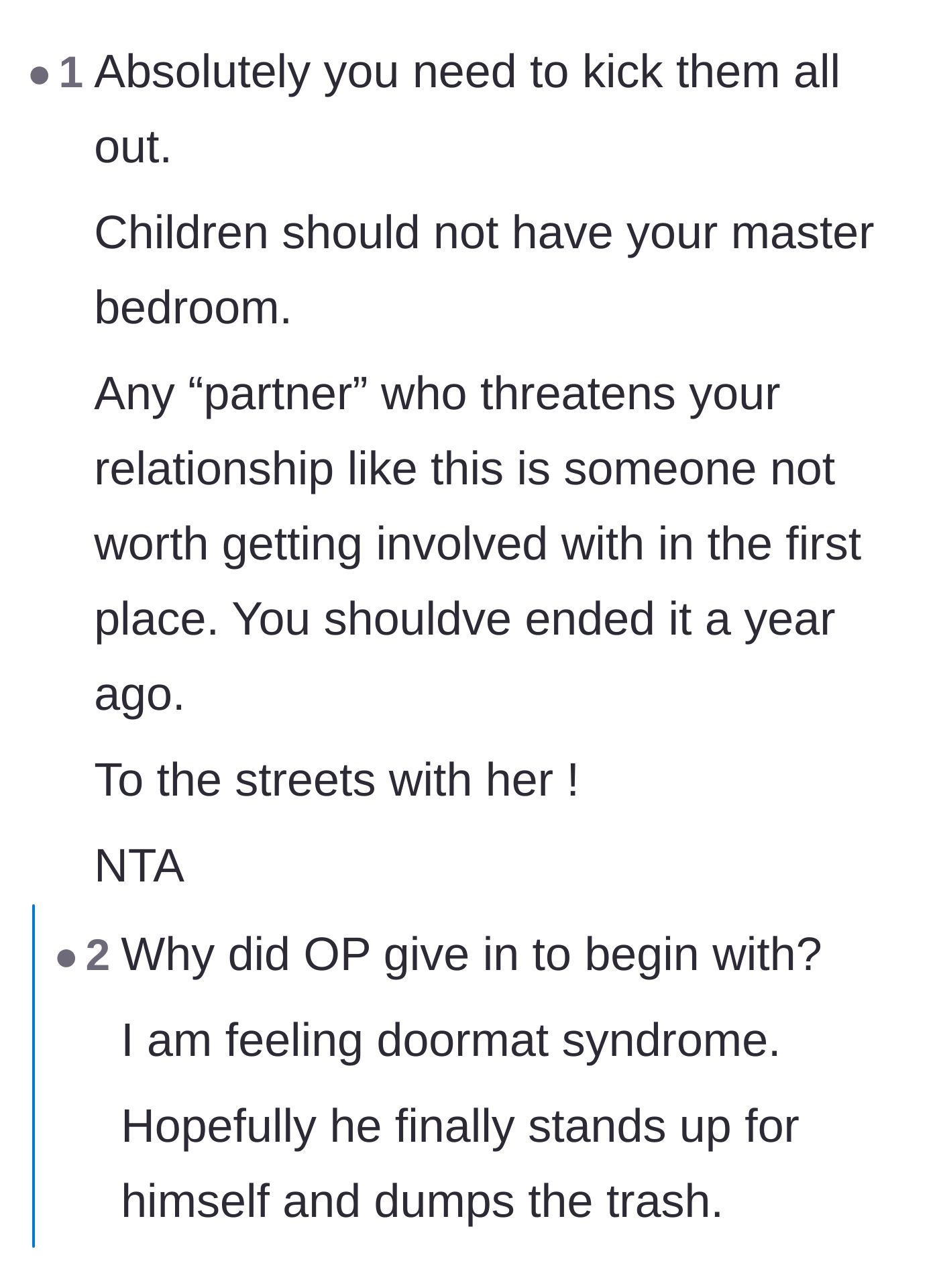 Comment thread 3 - Users agreeing that children never belong in the master suite and suggesting the girlfriend belongs on the streets.