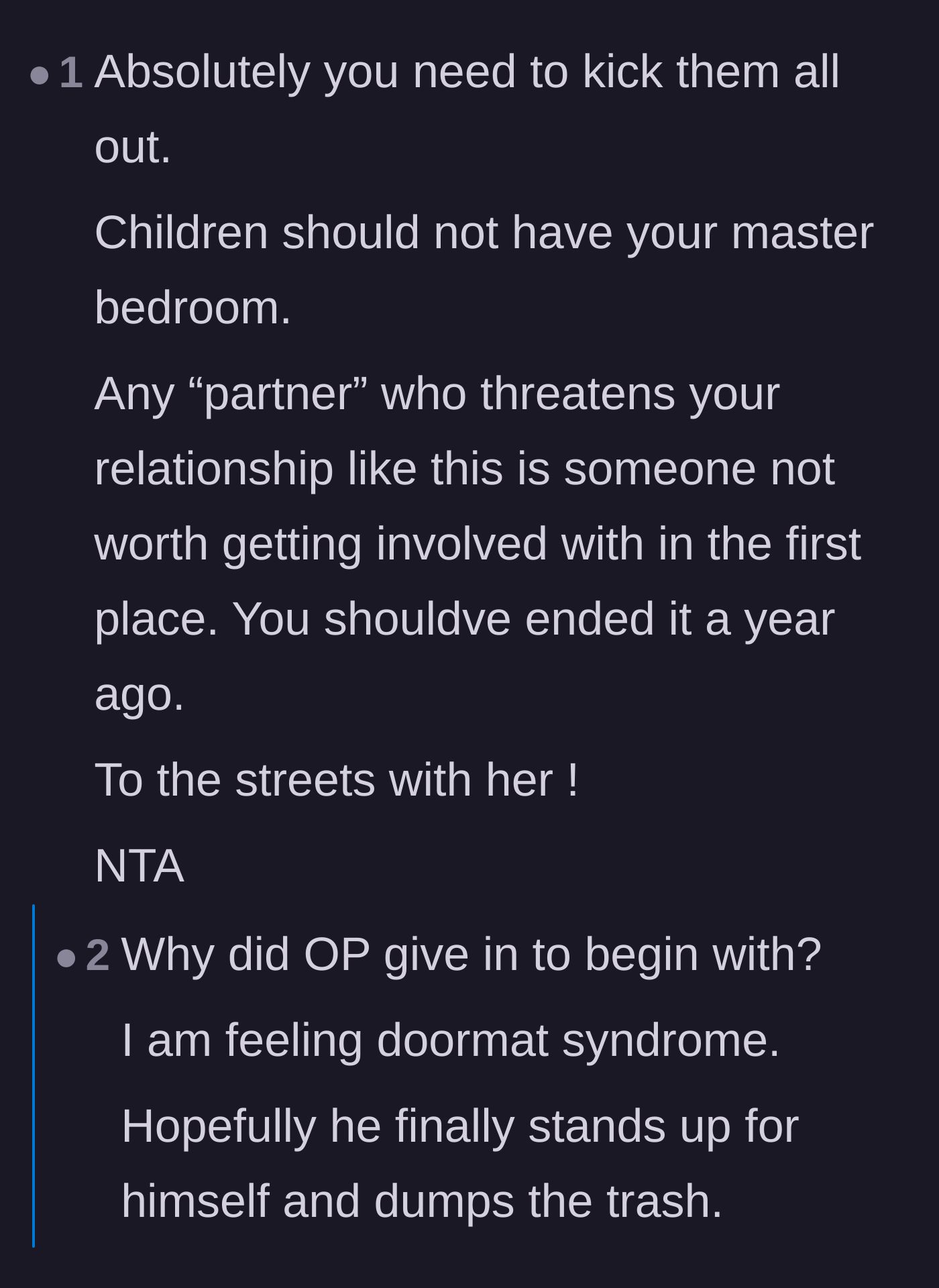 Comment thread 3 - Users agreeing that children never belong in the master suite and suggesting the girlfriend belongs on the streets.