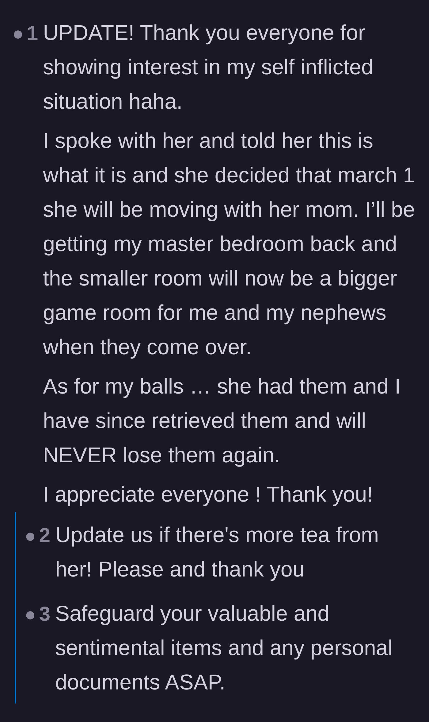 Comment thread 4 - An update from the homeowner announcing that he stood his ground and his girlfriend is moving out.