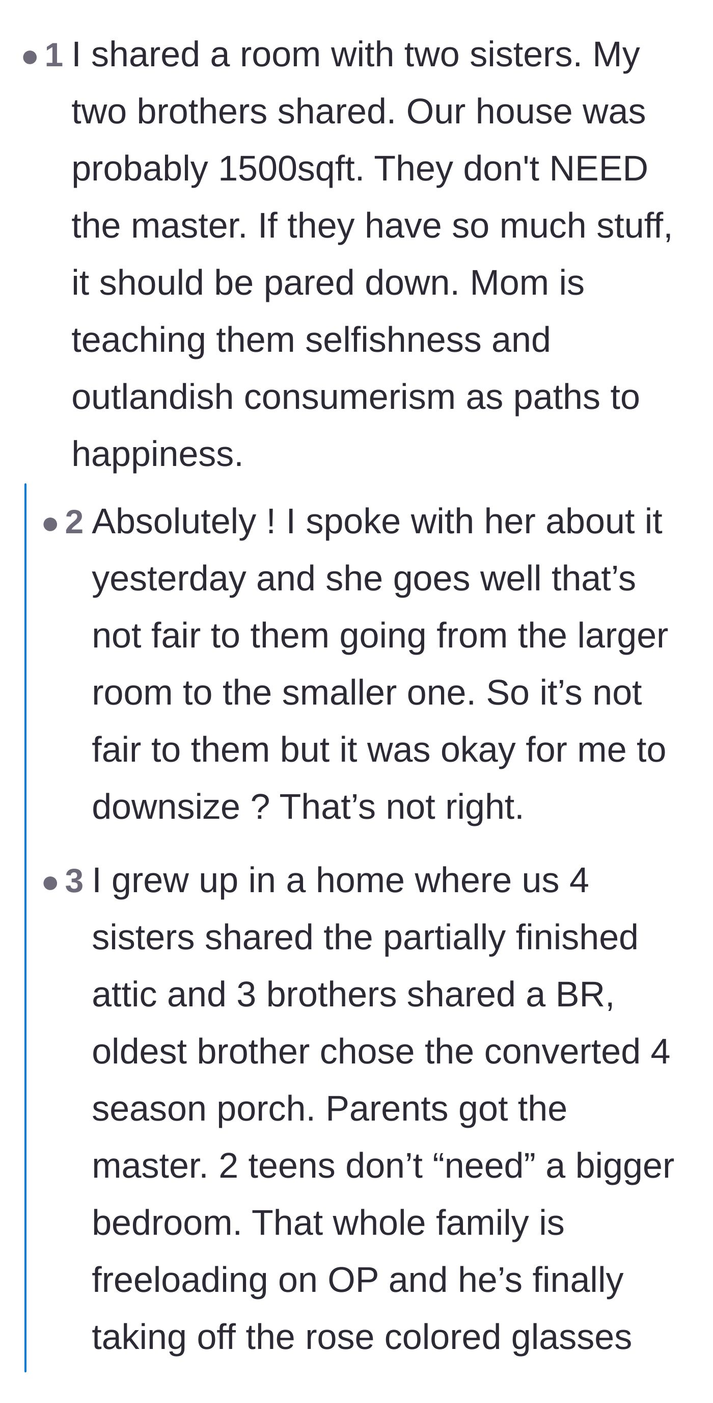 Comment thread 5 - Commenters sharing stories of growing up in cramped bedrooms to prove the teenagers' demands are ridiculous.