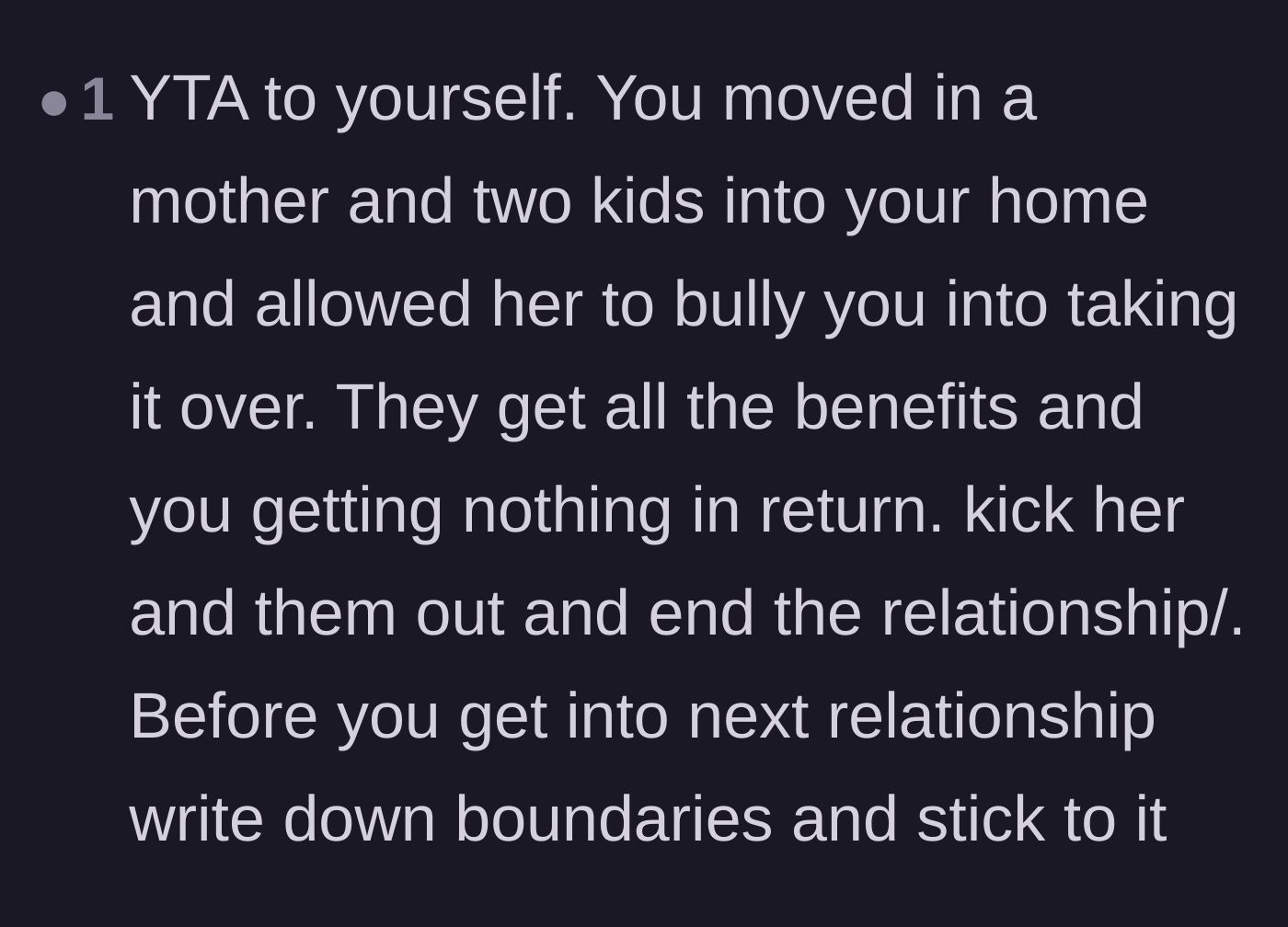 Comment thread 6 - A judgment calling the homeowner an asshole to himself for letting a family move in and bully him out of his own space.