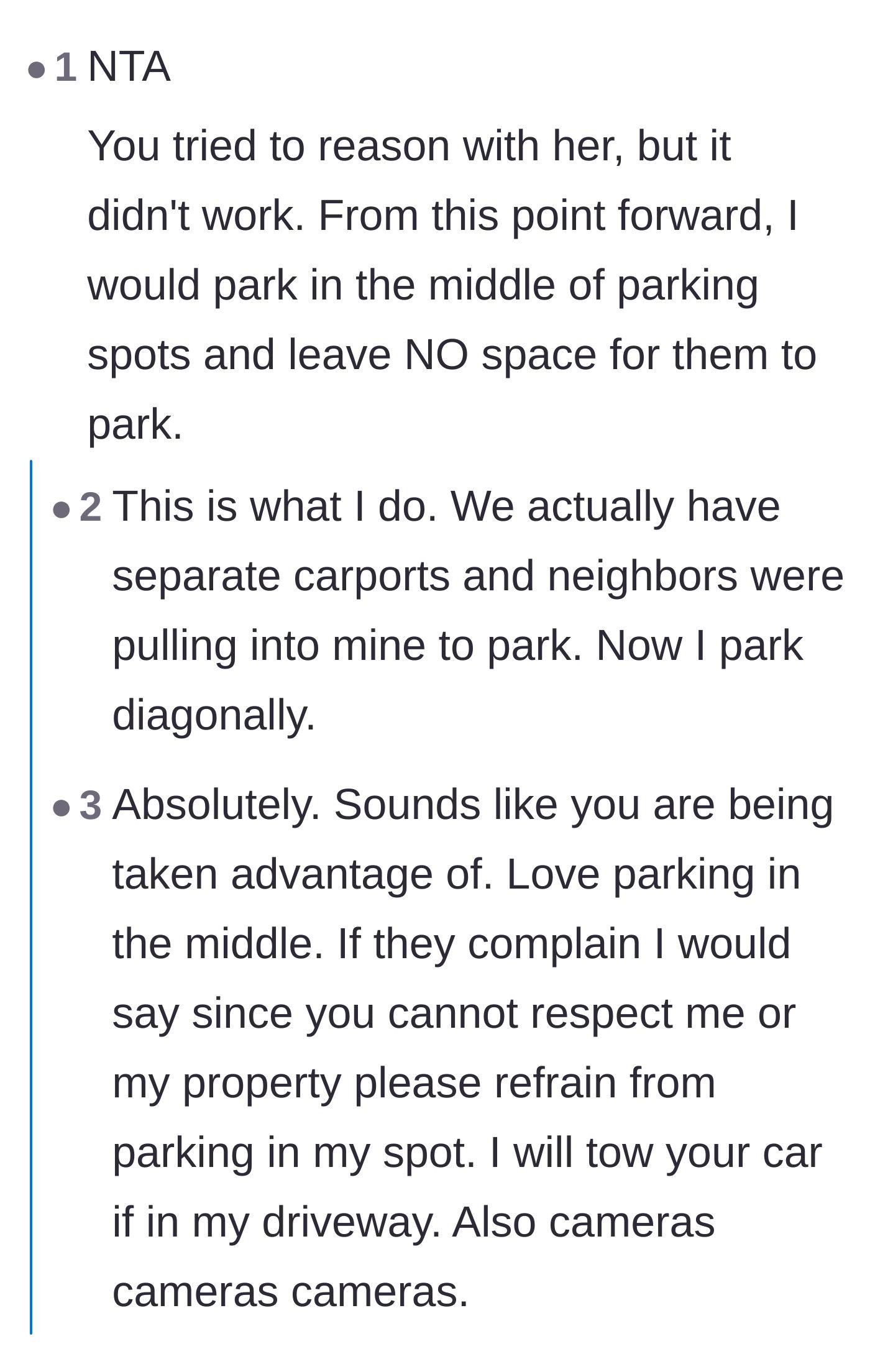 Comment thread 1 - Advice to park diagonally across both assigned parking spots