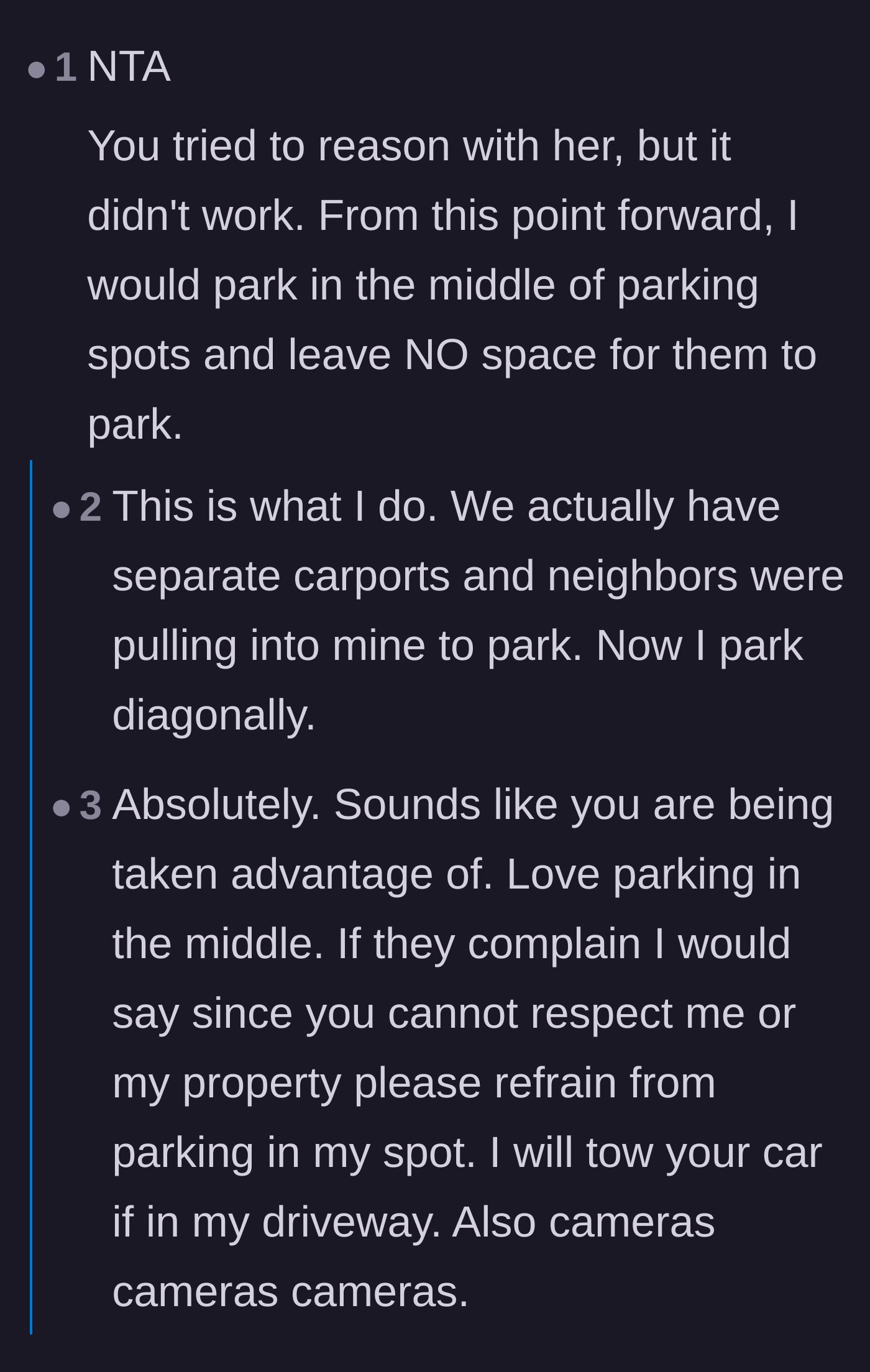 Comment thread 1 - Advice to park diagonally across both assigned parking spots