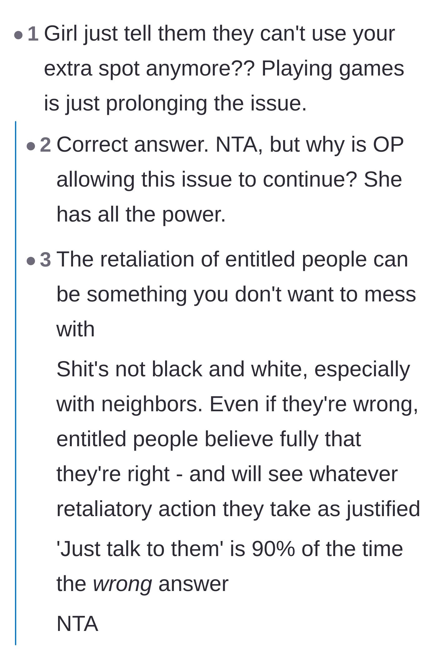 Comment thread 2 - A debate on whether simply asking the neighbor to stop is realistic or dangerous