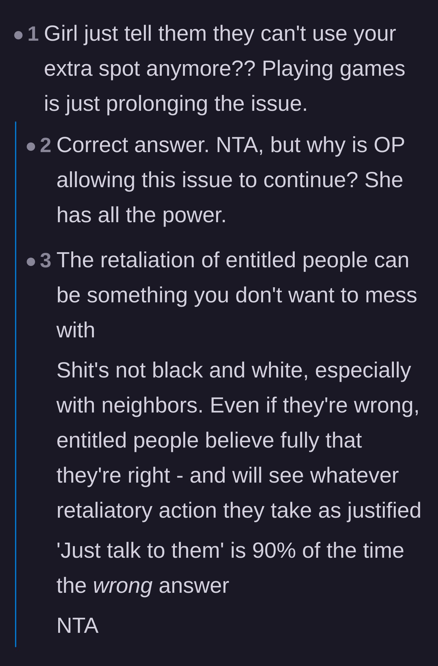 Comment thread 2 - A debate on whether simply asking the neighbor to stop is realistic or dangerous