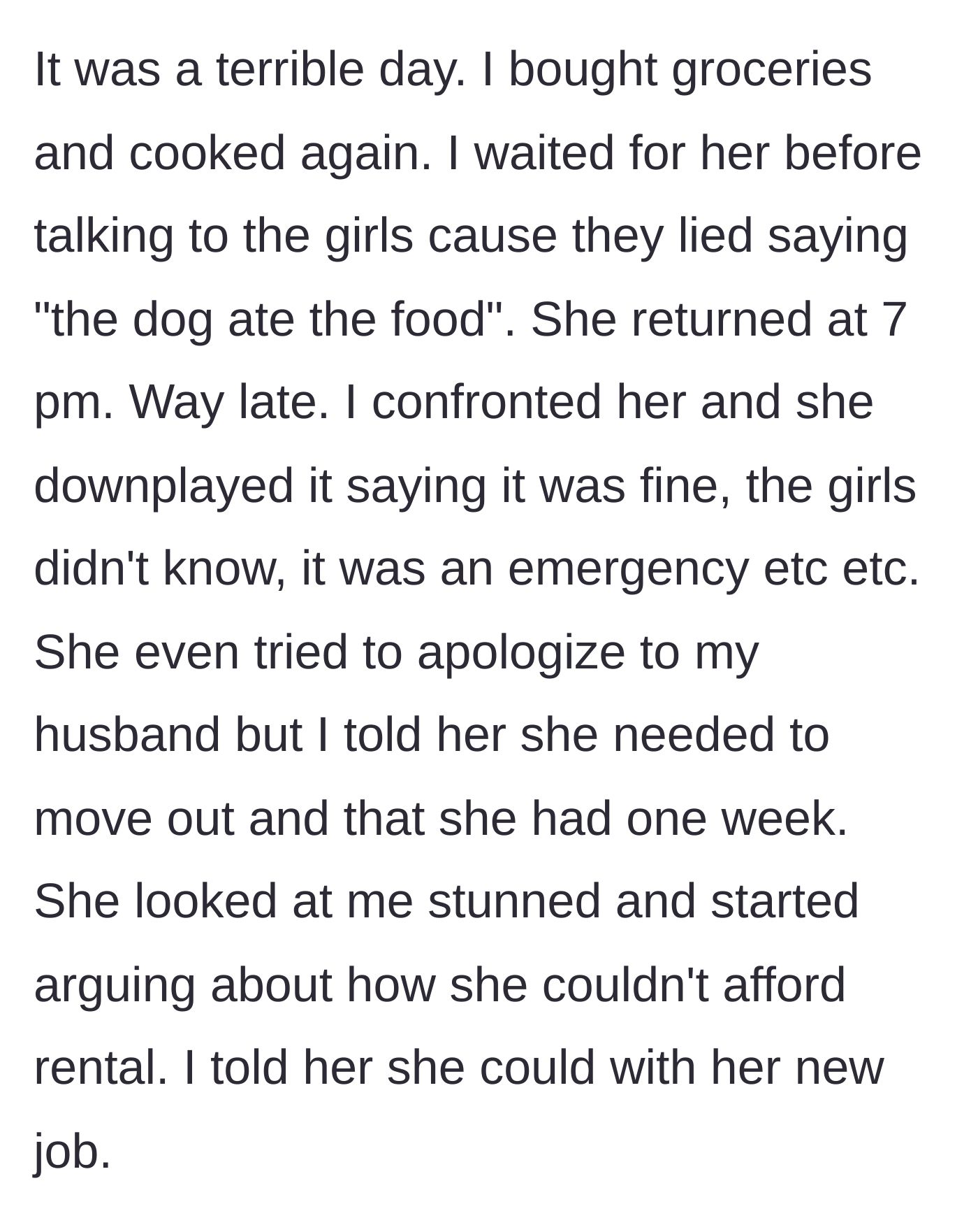 Story part 7 - The main character cooks a new meal, waits until 7 PM for the sister to return, and delivers a one-week eviction notice.