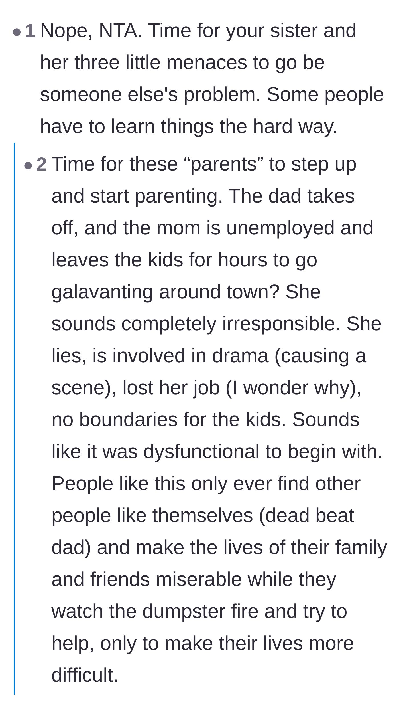Comment thread 1 - Debate about the sister's string of prior evictions and total lack of parenting.