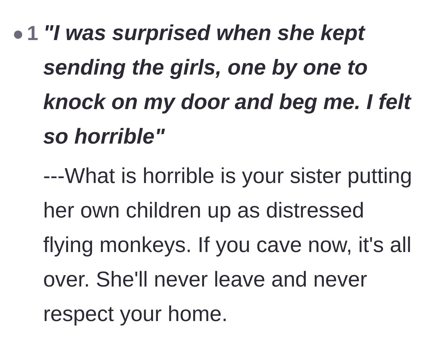 Comment thread 4 - Calling out the sister for using her children as emotional manipulation.