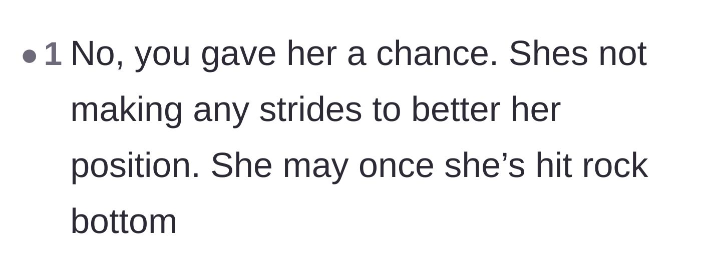 Comment thread 6 - Agreement that hitting rock bottom is the only way the sister will ever change her behavior.